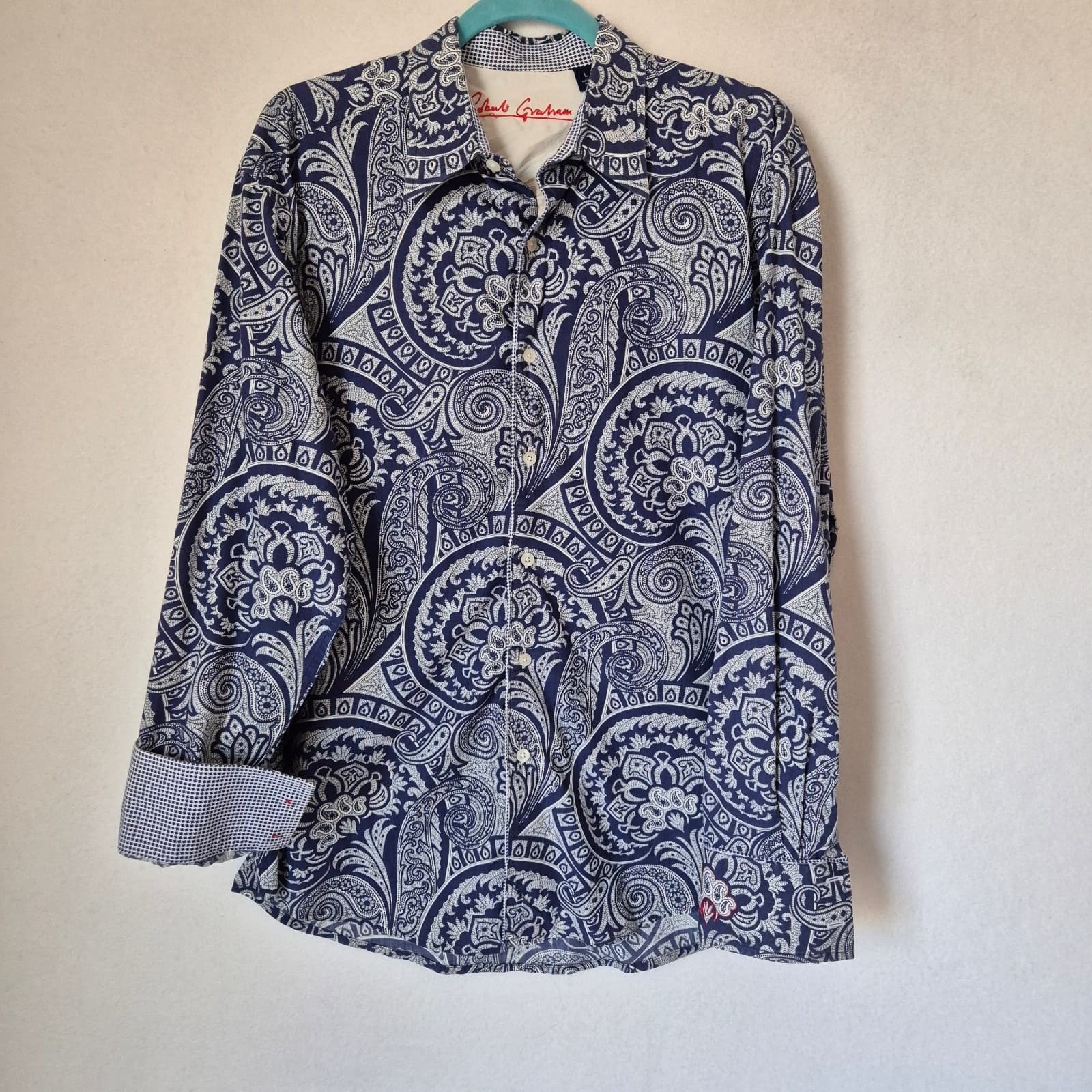 Robert Graham Men L Paisley Embroidered Button-Up Shirt Long Sleeve Cotton Blue - Thumbnail 3