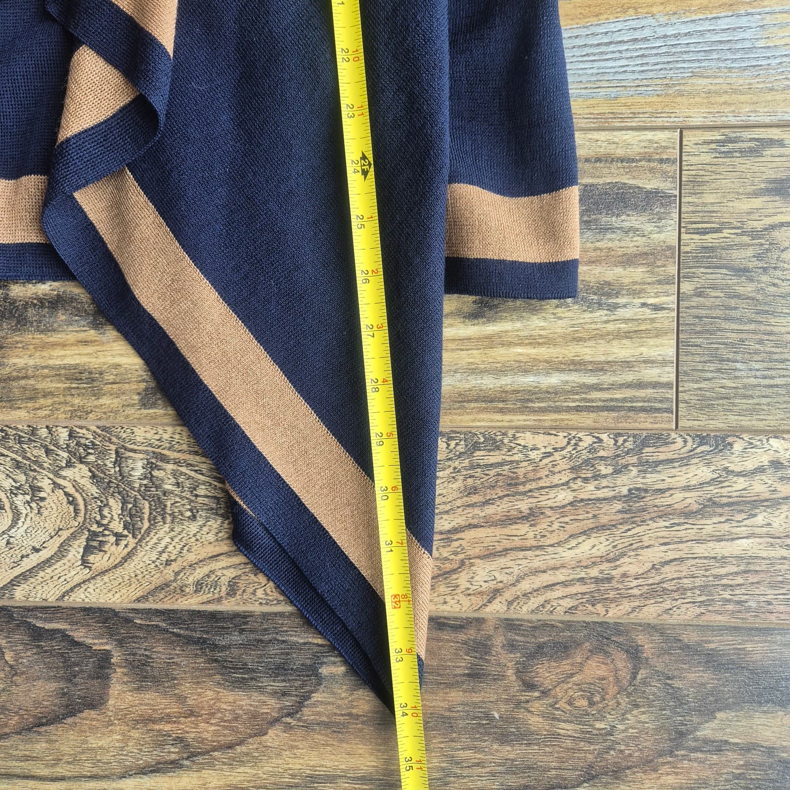 ST. JOHN Wool Blend Draped Open Cardigan Contrasting Camel Brown Trim Blue Sz.M - Thumbnail 16
