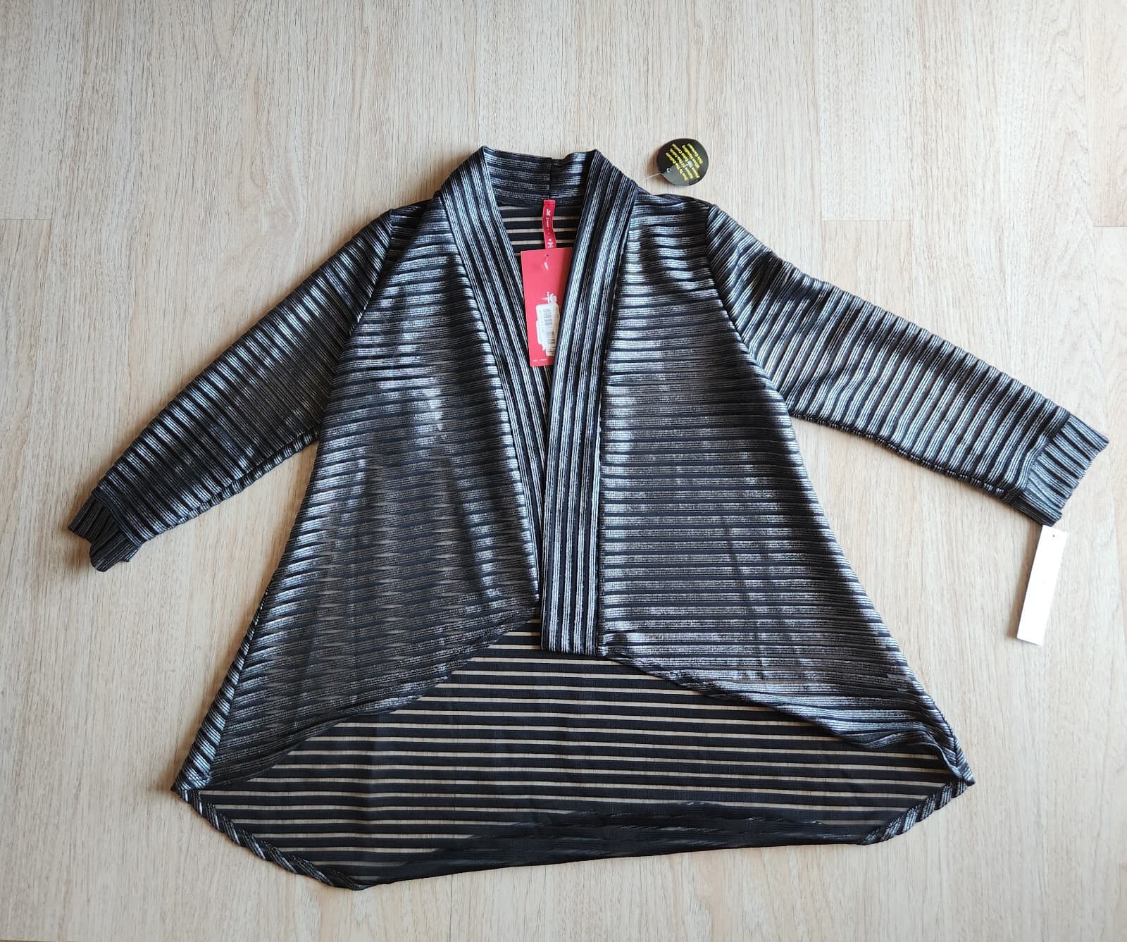 NWT IC by Connie K $128 Sheer Mesh Silver Striped Open Jacket Hi-Low Black Sz.M - Thumbnail 5