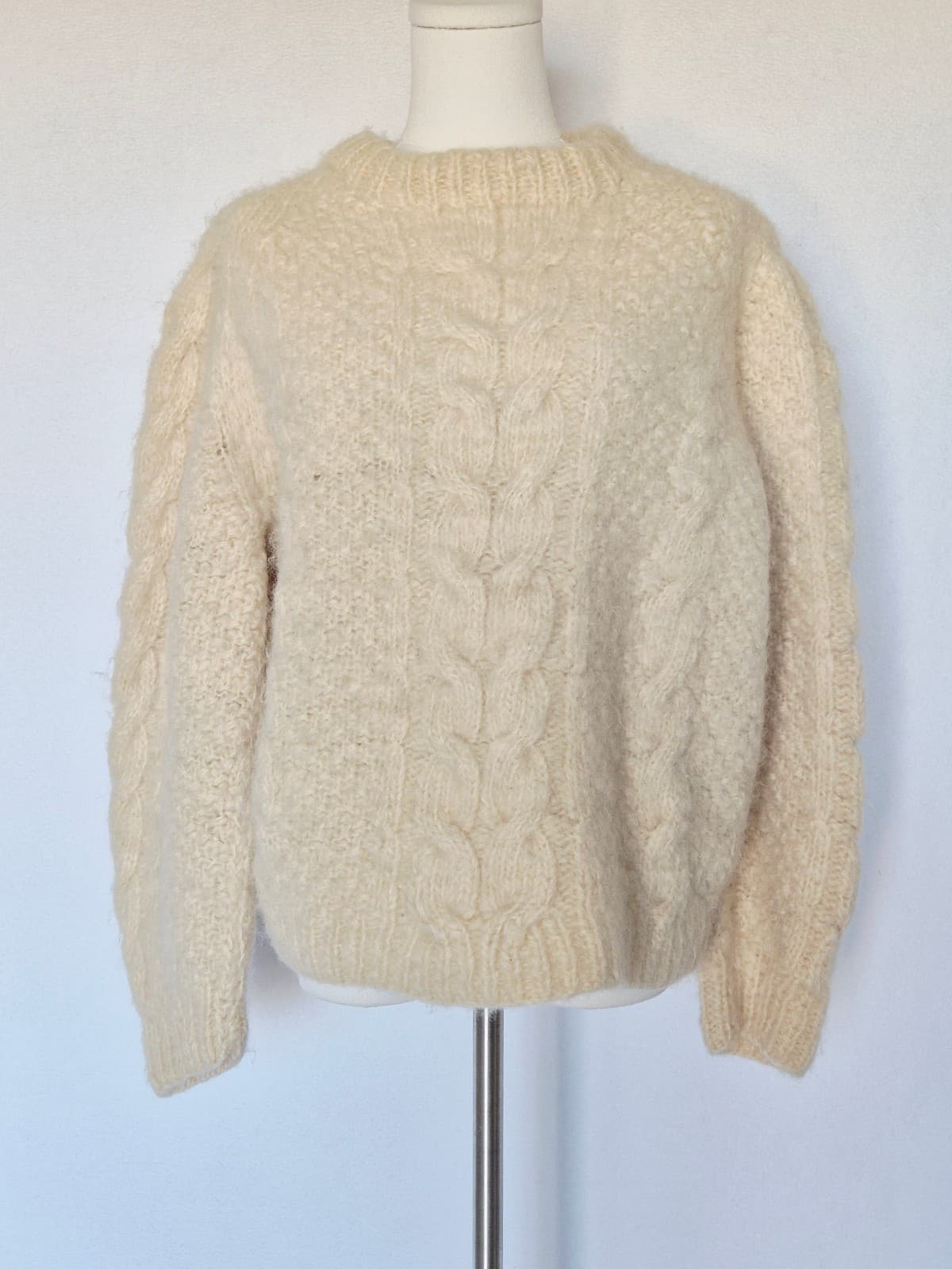 Vintage Nepalnese Wool Chunky Cable Knit Fisherman Crew Sweater Ivory Bust 42" - Thumbnail 2