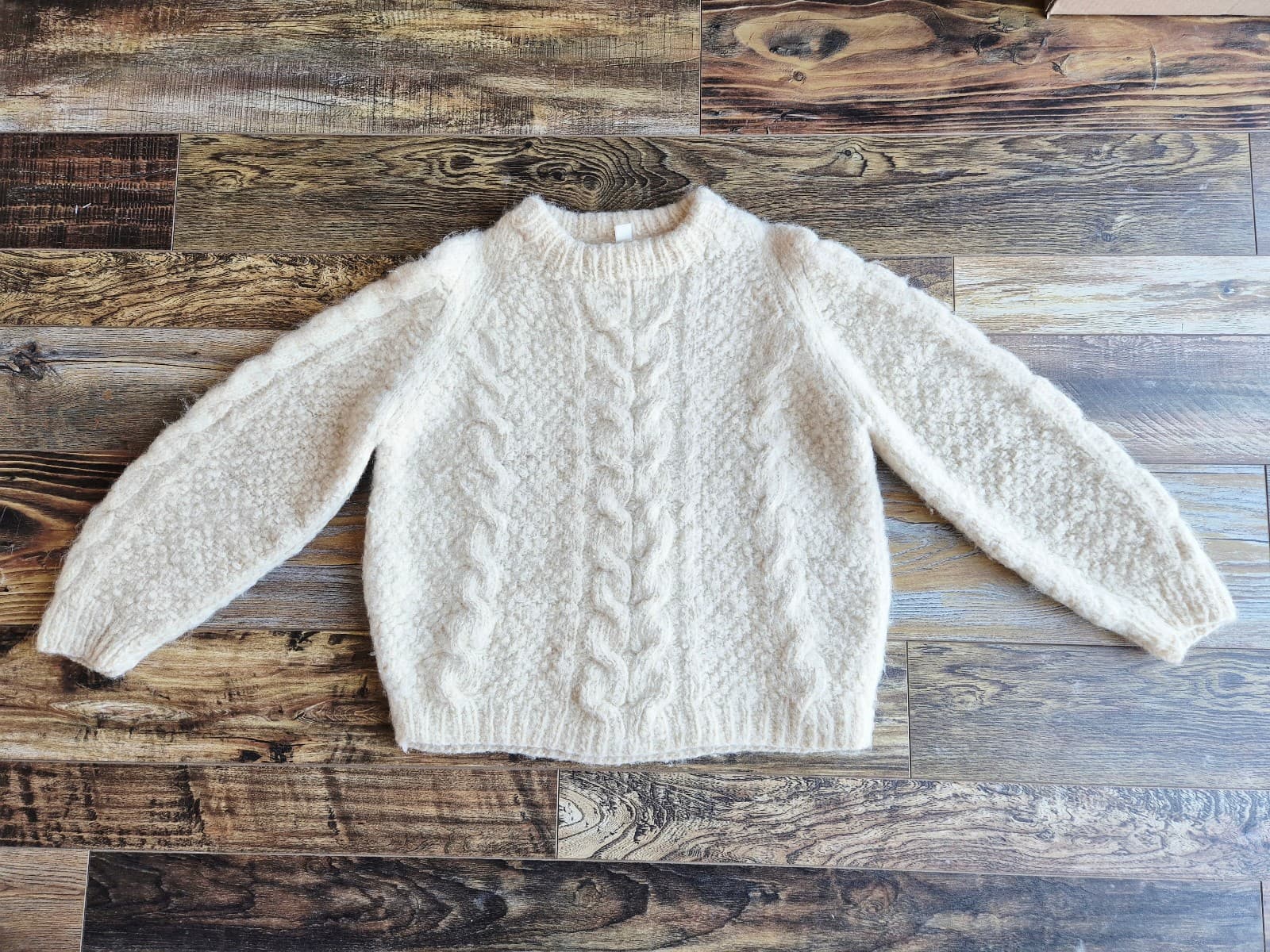 Vintage Nepalnese Wool Chunky Cable Knit Fisherman Crew Sweater Ivory Bust 42" - Thumbnail 3