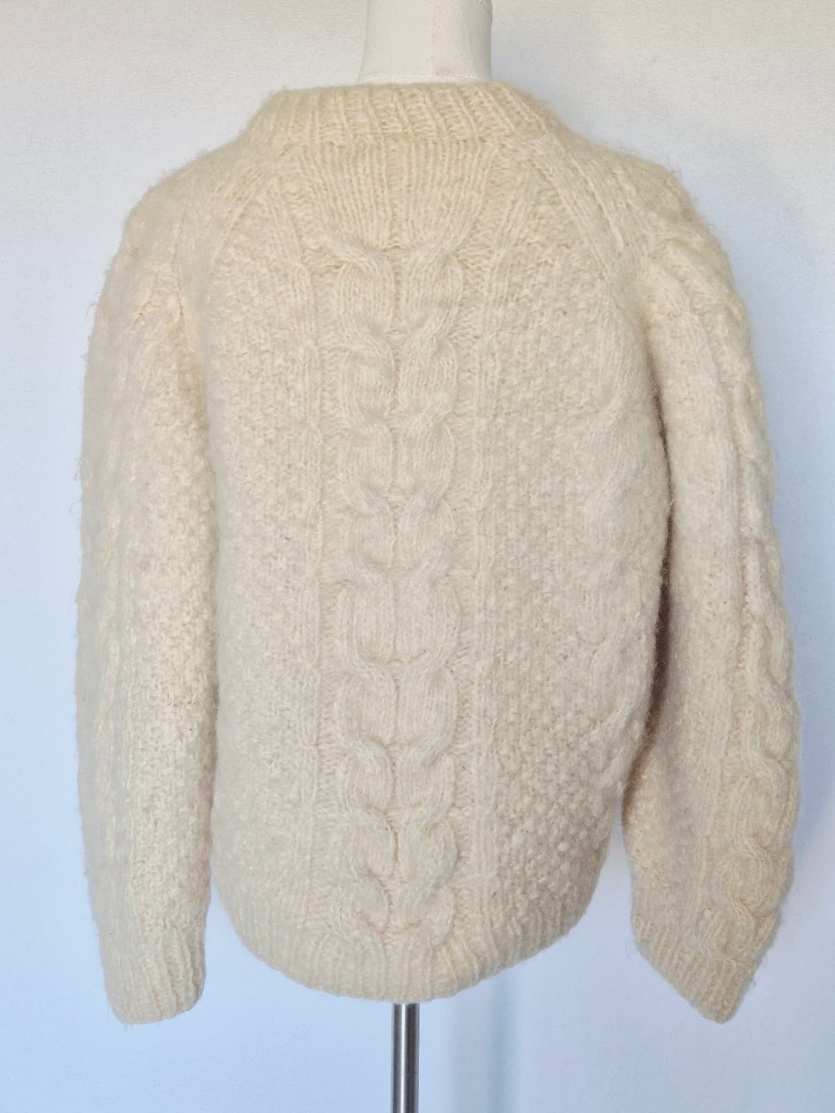Vintage Nepalnese Wool Chunky Cable Knit Fisherman Crew Sweater Ivory Bust 42" - Thumbnail 5
