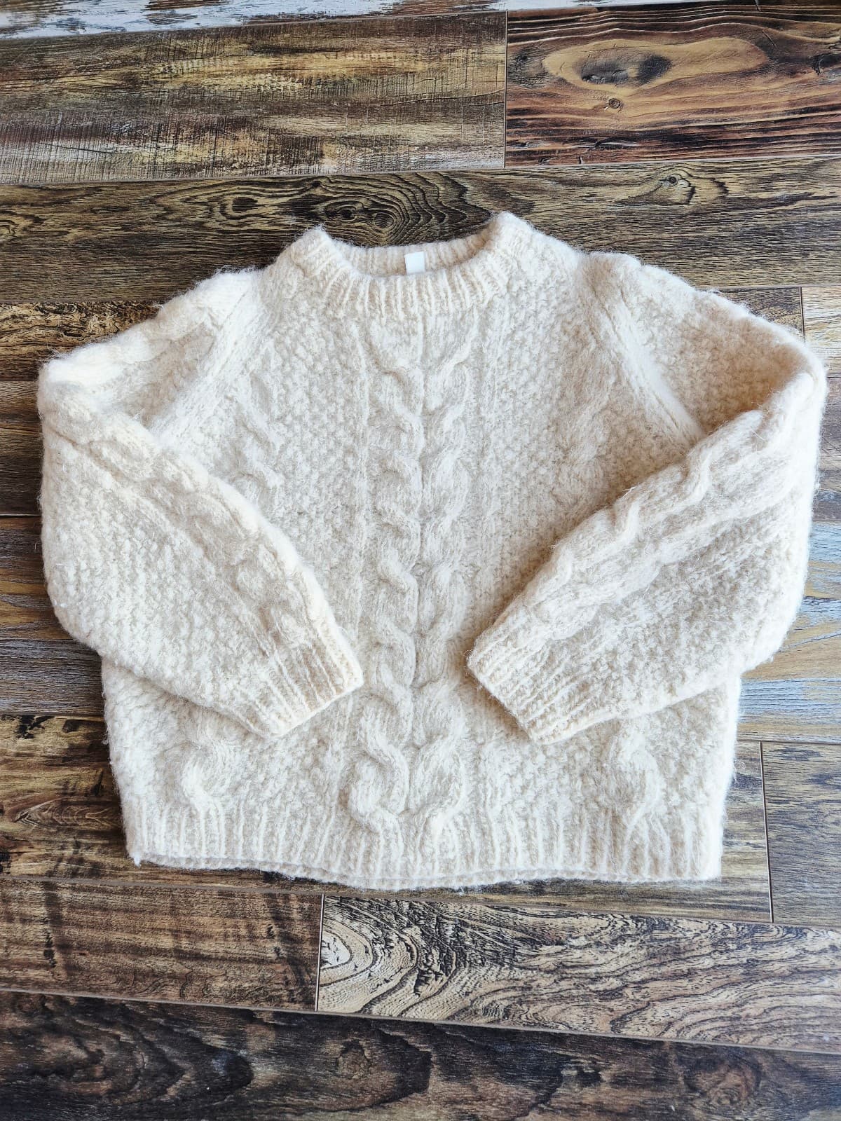 Vintage Nepalnese Wool Chunky Cable Knit Fisherman Crew Sweater Ivory Bust 42" - Thumbnail 6