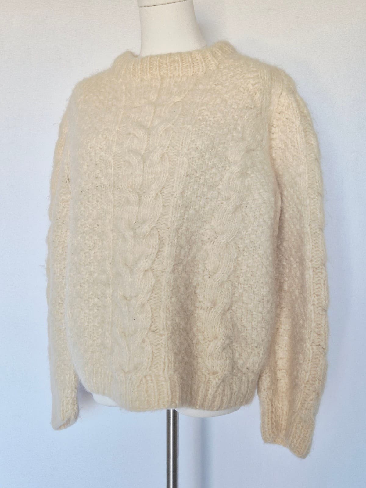 Vintage Nepalnese Wool Chunky Cable Knit Fisherman Crew Sweater Ivory Bust 42" - Thumbnail 4