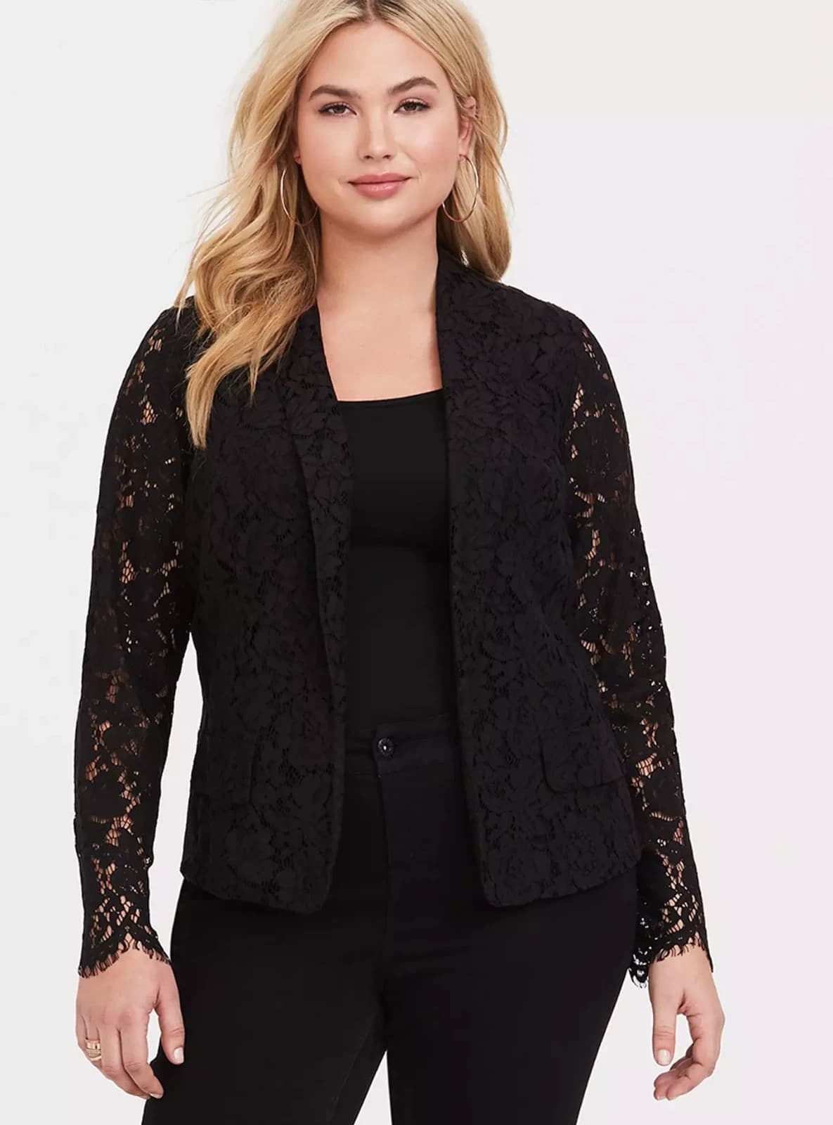 TORRID Sheer Lace Blazer Shawl Collar Open Front Body Lined Black Women's 2 (2X) - Thumbnail 2