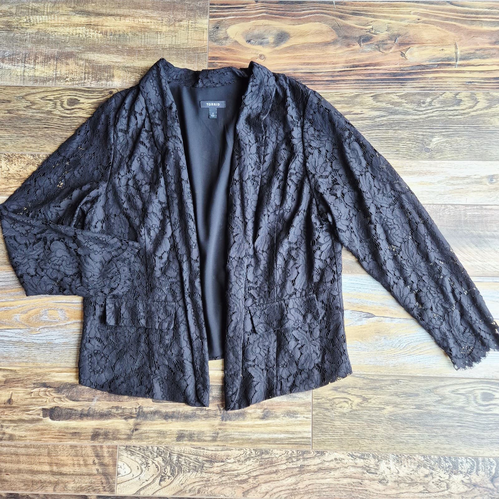 TORRID Sheer Lace Blazer Shawl Collar Open Front Body Lined Black Women's 2 (2X) - Thumbnail 10
