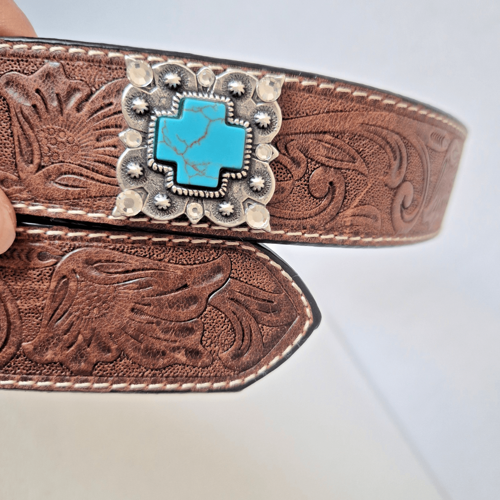 ARIAT Women's S Western Belt Embossed-Leather Turquoise Rhinestone-Accent Buckle - Thumbnail 6