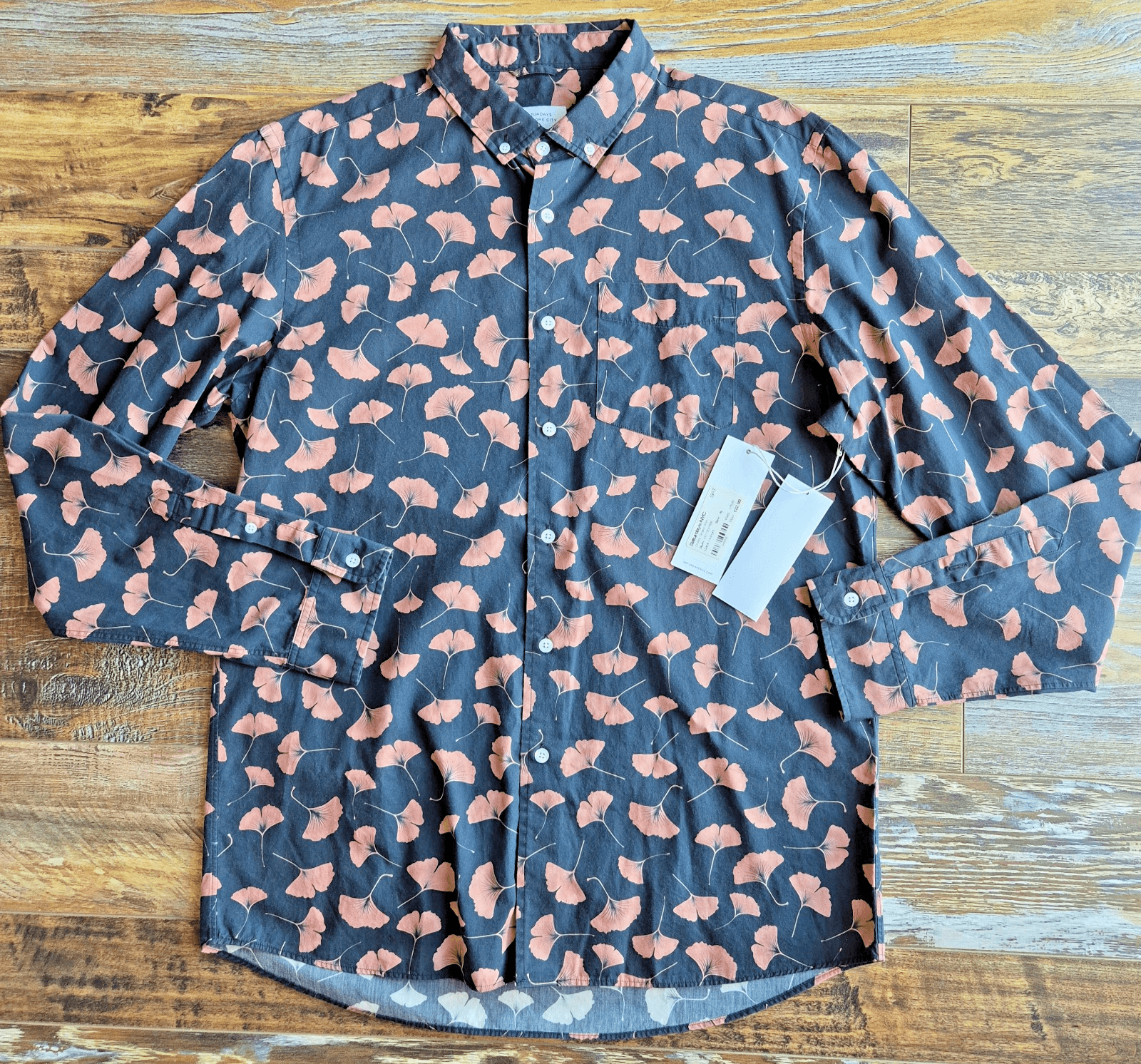 NWT Saturdays NYC Men's XL Crosby Ginkgo Shirt Button-Down Long Sleeve Midnight - Thumbnail 2
