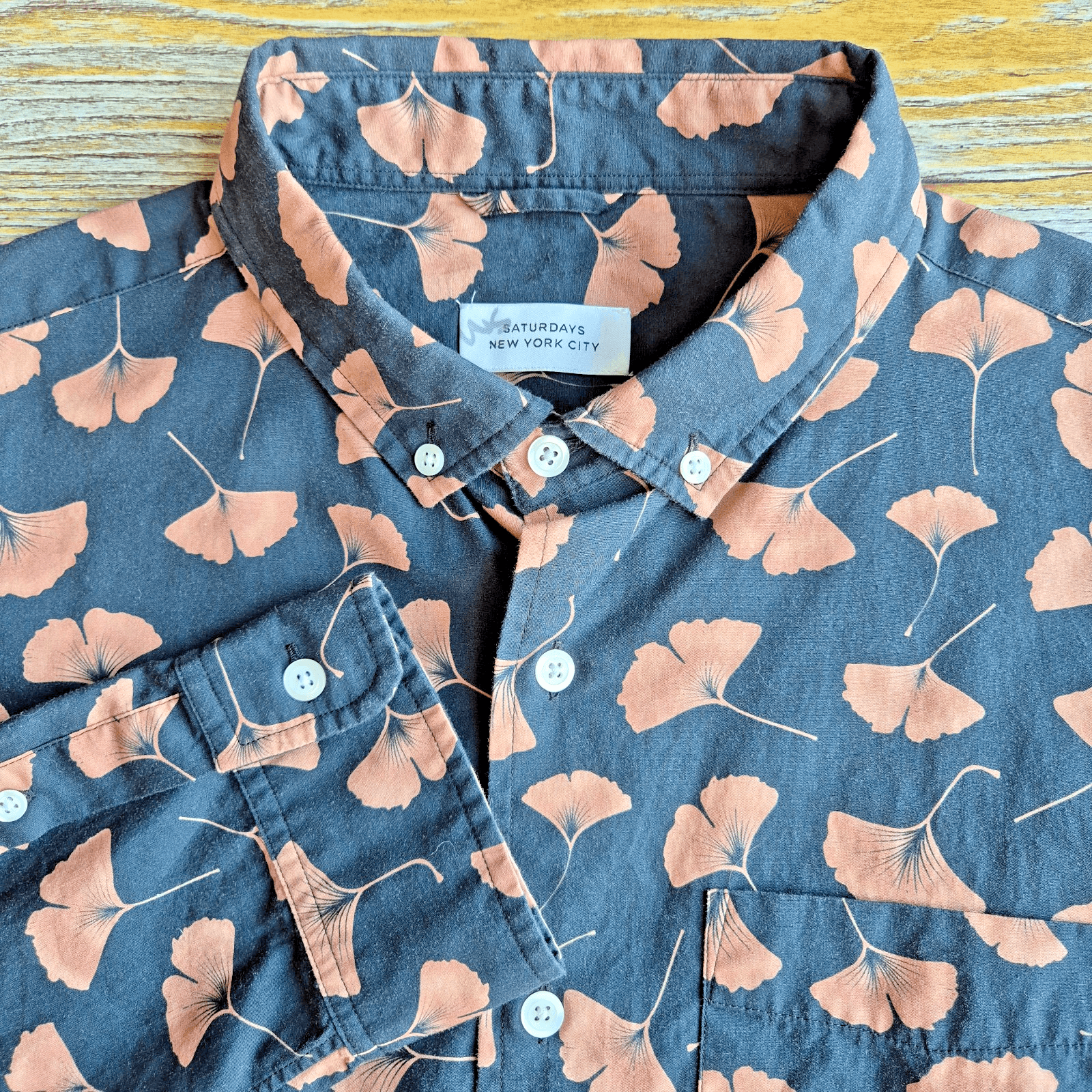 NWT Saturdays NYC Men's XL Crosby Ginkgo Shirt Button-Down Long Sleeve Midnight - Thumbnail 4