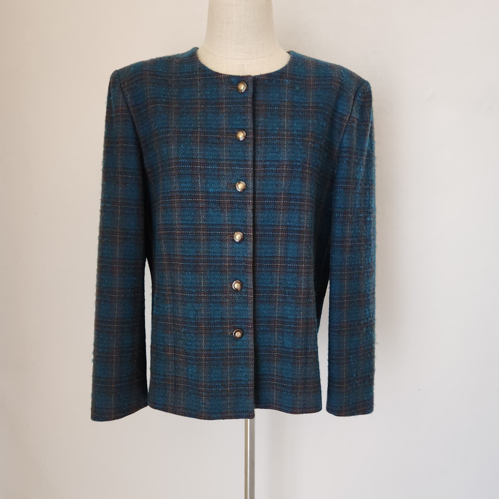 Vintage'90s Pendleton USA Wool Atomic Fleck Jacket Button Blue Green Plaid Sz.14 - Thumbnail 2