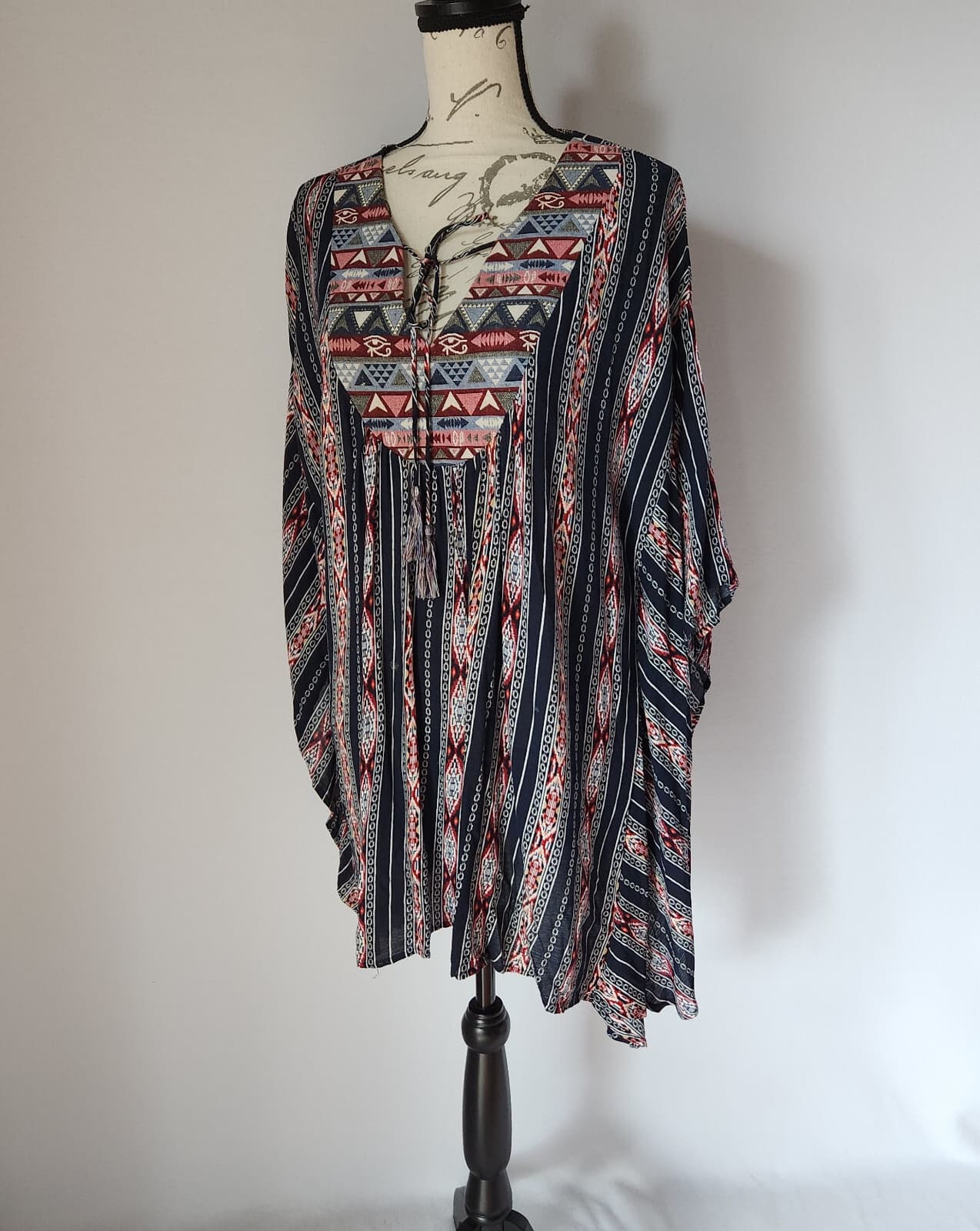 Umgee Aztec Southwest Butterfoy Sleeve Top Tassel Cotton Blend Multicolor Sz.M/L - Thumbnail 2