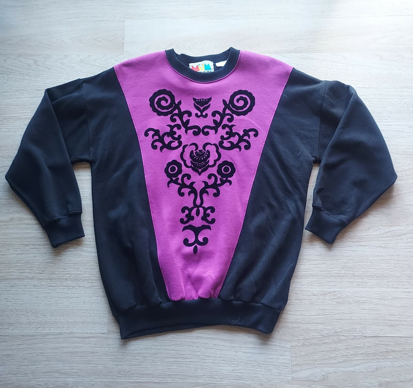 VTG Marcy'n Me Patrick Lee Fleece Lined Sweatshirt Floral Black Purple Chest 46" - Thumbnail 2