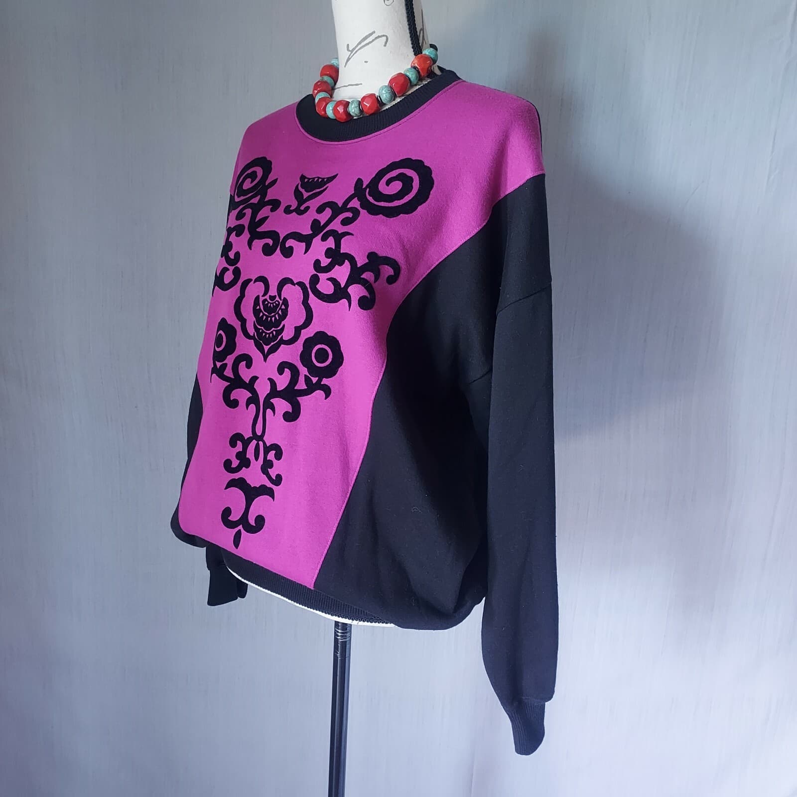 VTG Marcy'n Me Patrick Lee Fleece Lined Sweatshirt Floral Black Purple Chest 46" - Thumbnail 4