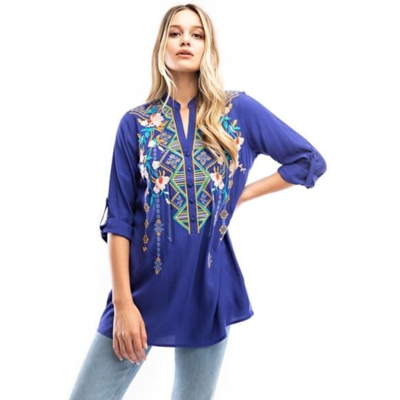 EUC LUNA MOON Embroidered Tunic Top Roll Tap Sleeve 100% Rayon Blue Women Sz.M - Thumbnail 4
