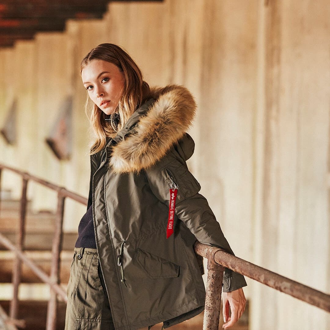 Alpha Industries J-4 Impact Fishtail Parka Jacket Faux Fur Hood Green Women's XS - Thumbnail 2