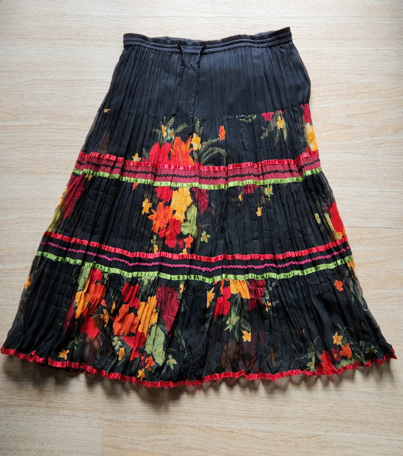 ANU by Natural Floral Tiered Crinkle Boho Maxi Skirt Elastic Waist Black Sz.M - Thumbnail 2