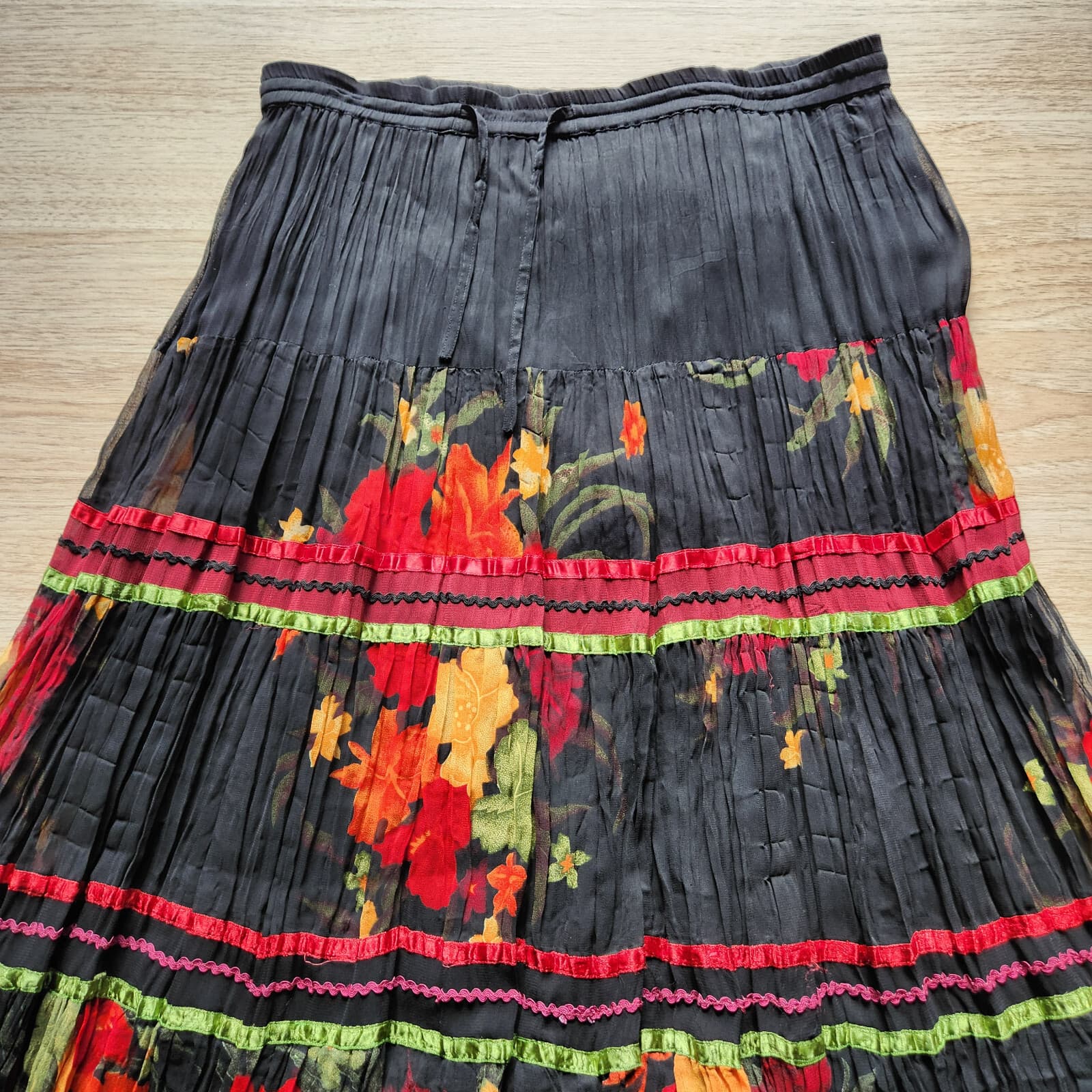 ANU by Natural Floral Tiered Crinkle Boho Maxi Skirt Elastic Waist Black Sz.M - Thumbnail 5