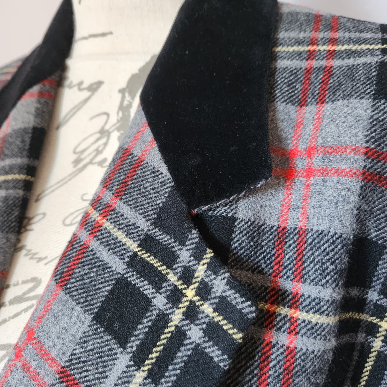 Vintage'50s Pendleton Wool Plaid Blazer Velvet-Collar Multicolor Women 18 USA - Thumbnail 3