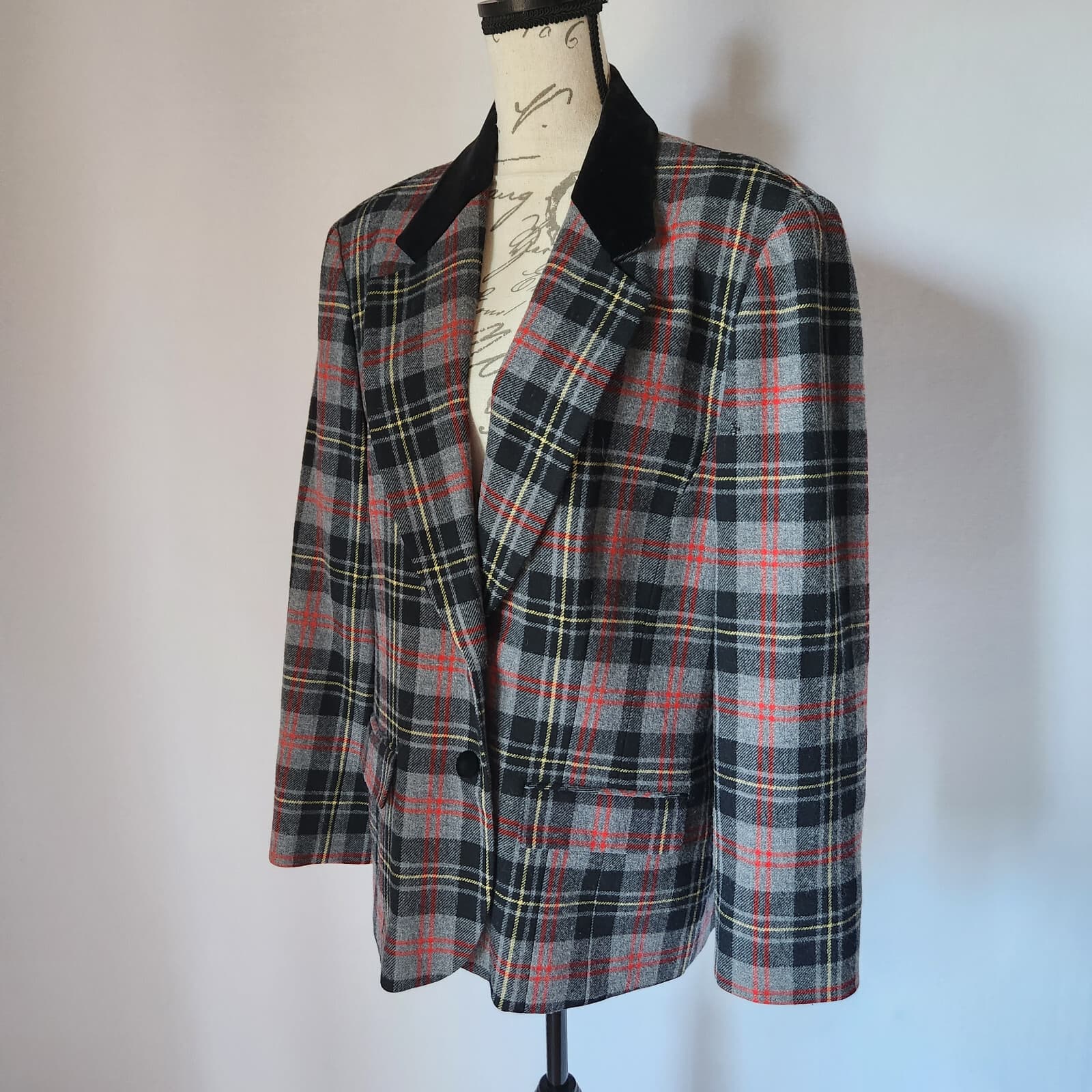 Vintage'50s Pendleton Wool Plaid Blazer Velvet-Collar Multicolor Women 18 USA - Thumbnail 4