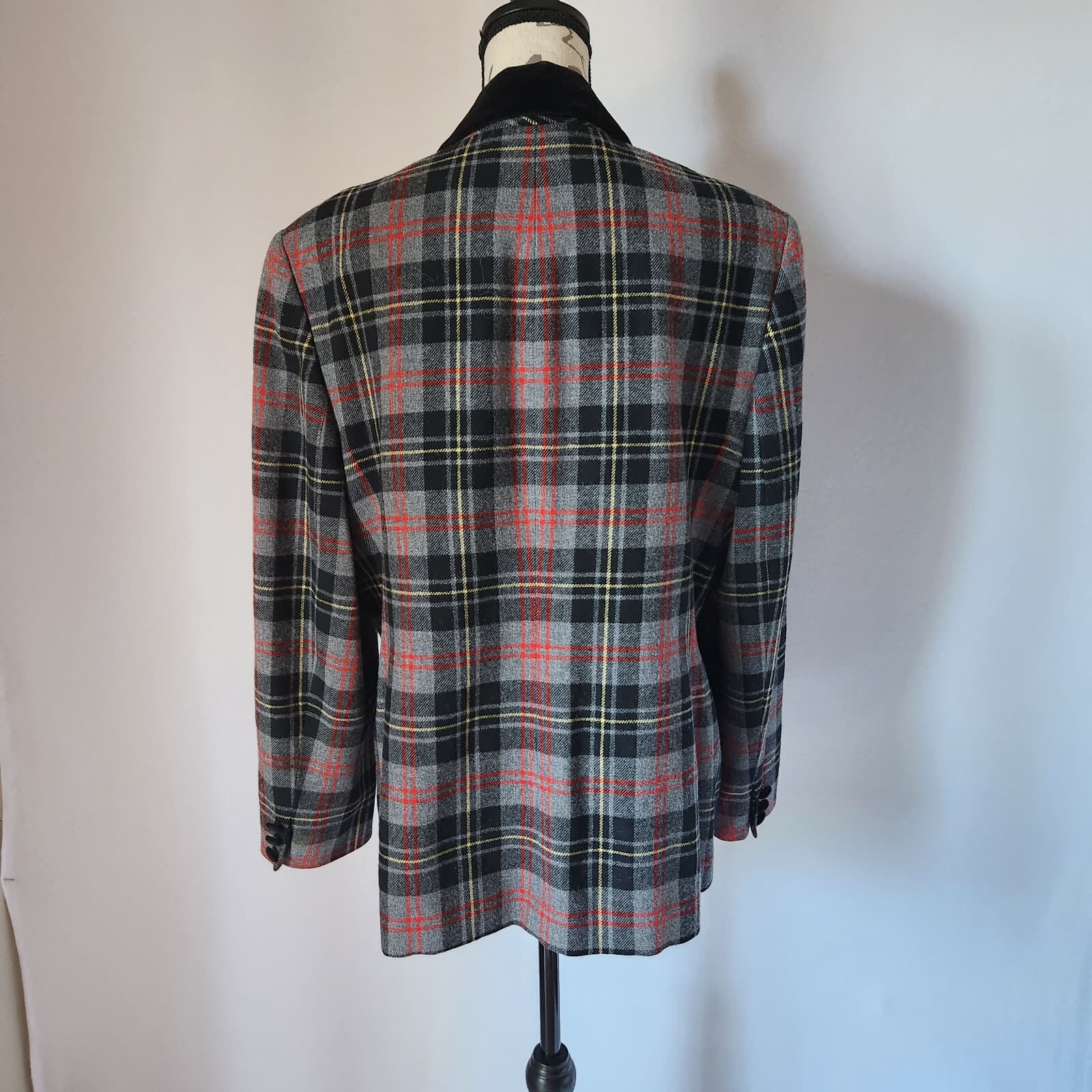 Vintage'50s Pendleton Wool Plaid Blazer Velvet-Collar Multicolor Women 18 USA - Thumbnail 5