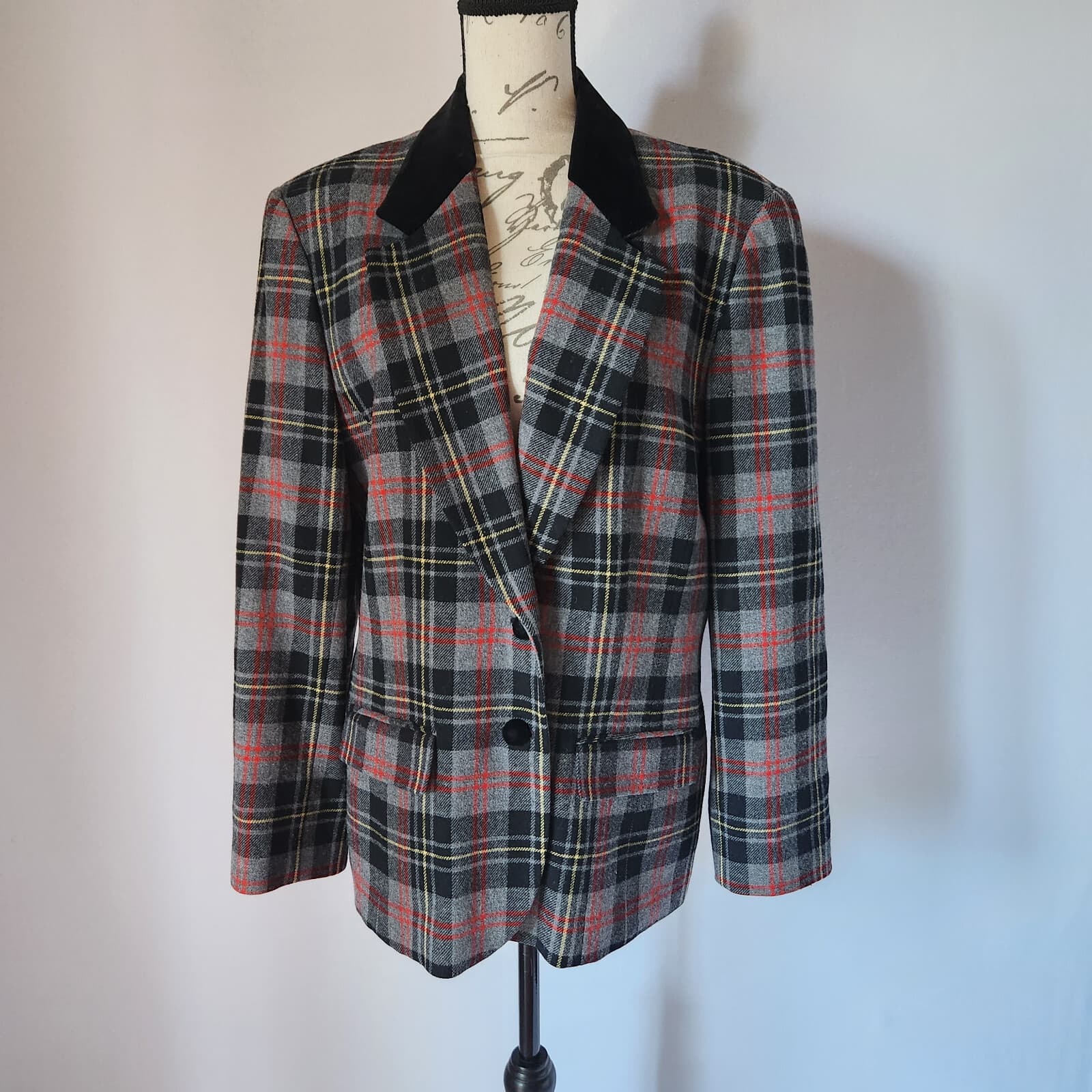 Vintage'50s Pendleton Wool Plaid Blazer Velvet-Collar Multicolor Women 18 USA - Thumbnail 2