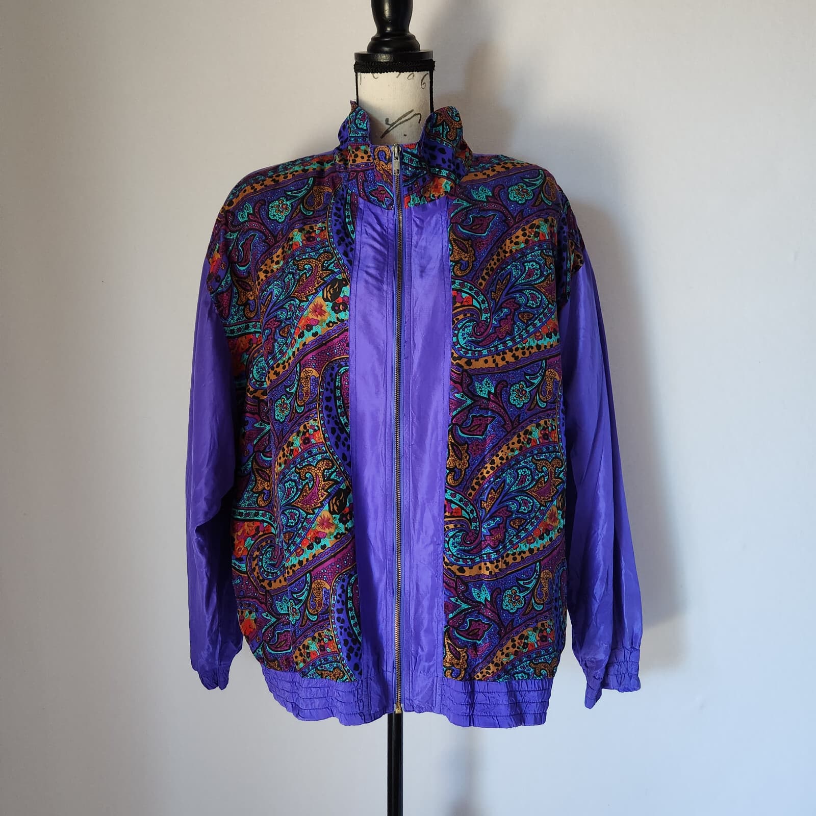 Vintage Bocoo 100% Silk Paisley Retro Windbreaker Track Jacket Purple Women's XL - Thumbnail 2