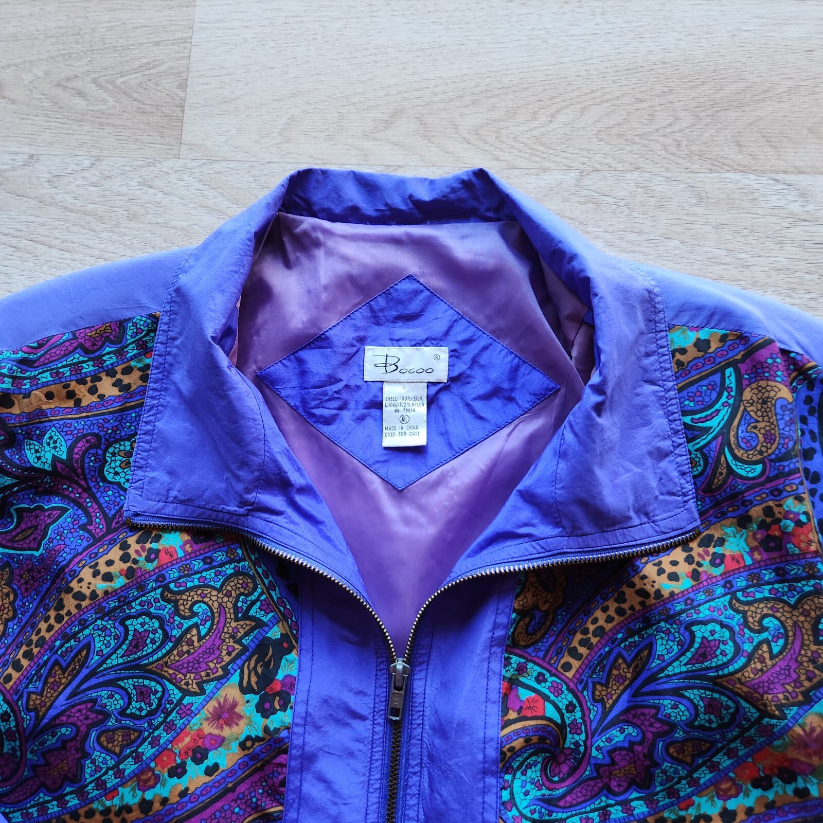 Vintage Bocoo 100% Silk Paisley Retro Windbreaker Track Jacket Purple Women's XL - Thumbnail 3