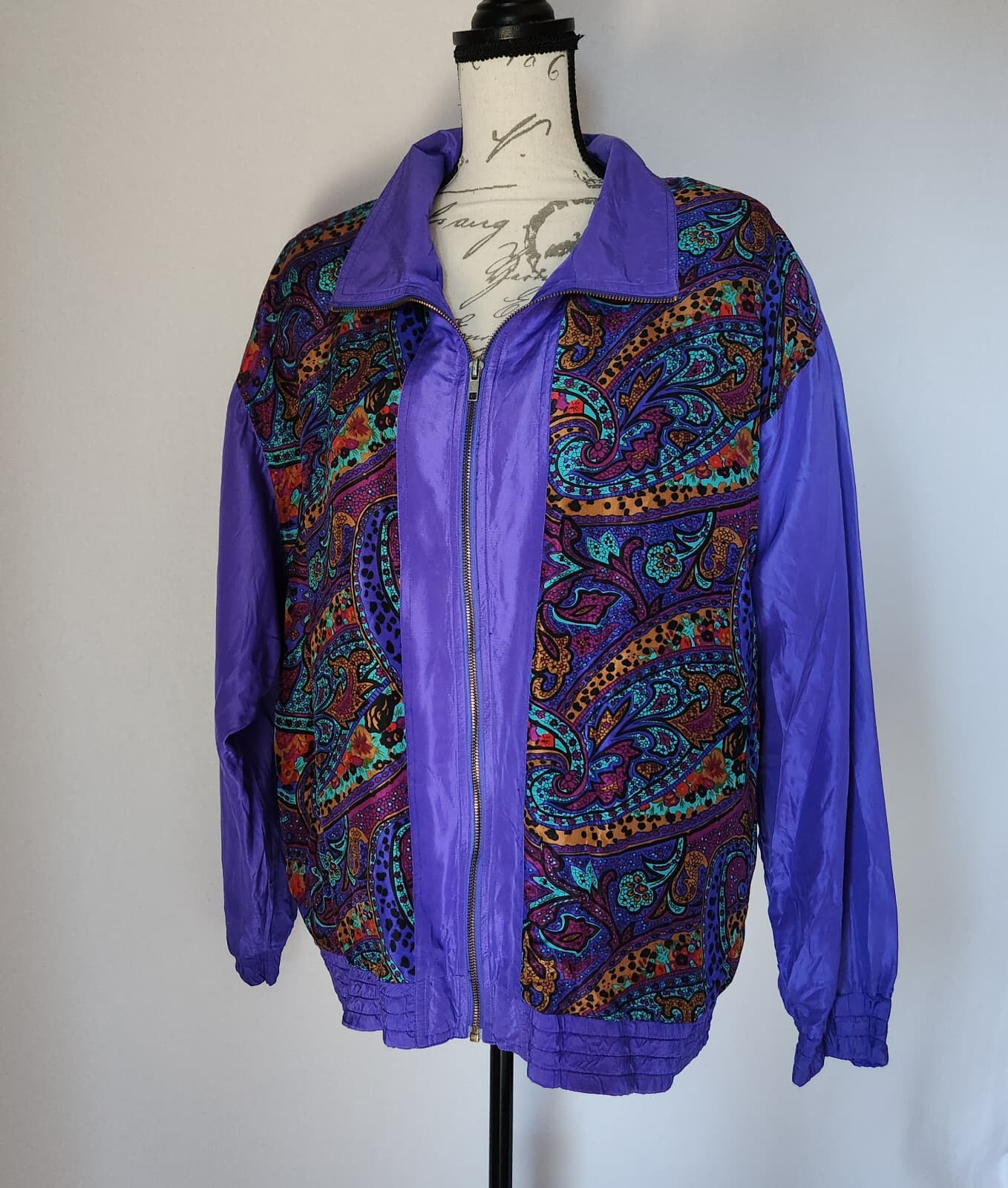 Vintage Bocoo 100% Silk Paisley Retro Windbreaker Track Jacket Purple Women's XL - Thumbnail 4