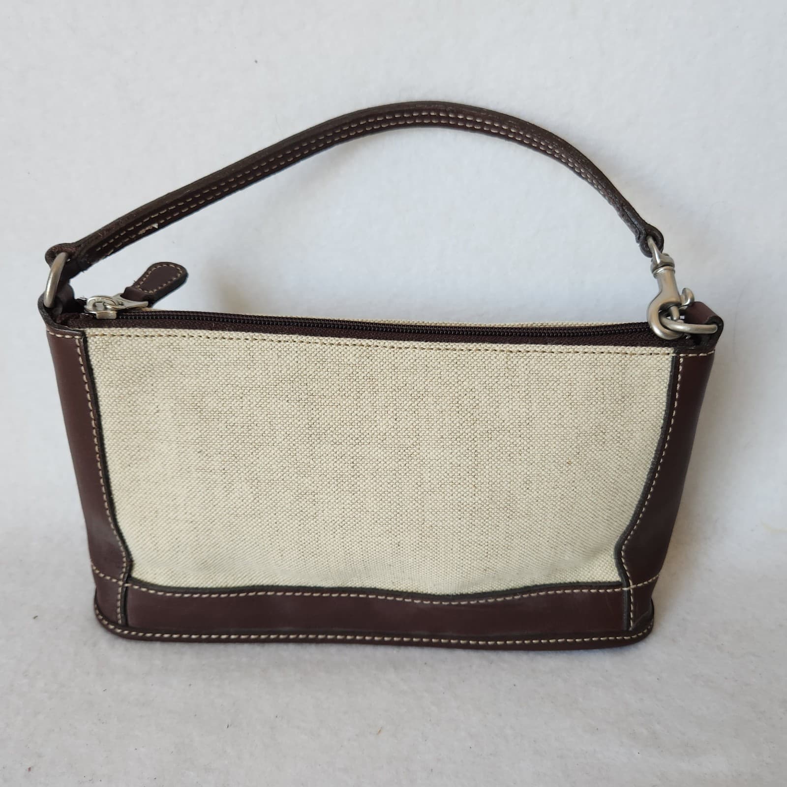 Vintage Coach Italian Cotton Linen Leather Mini Pochette Wristlet Bag Mad in USA - Thumbnail 3