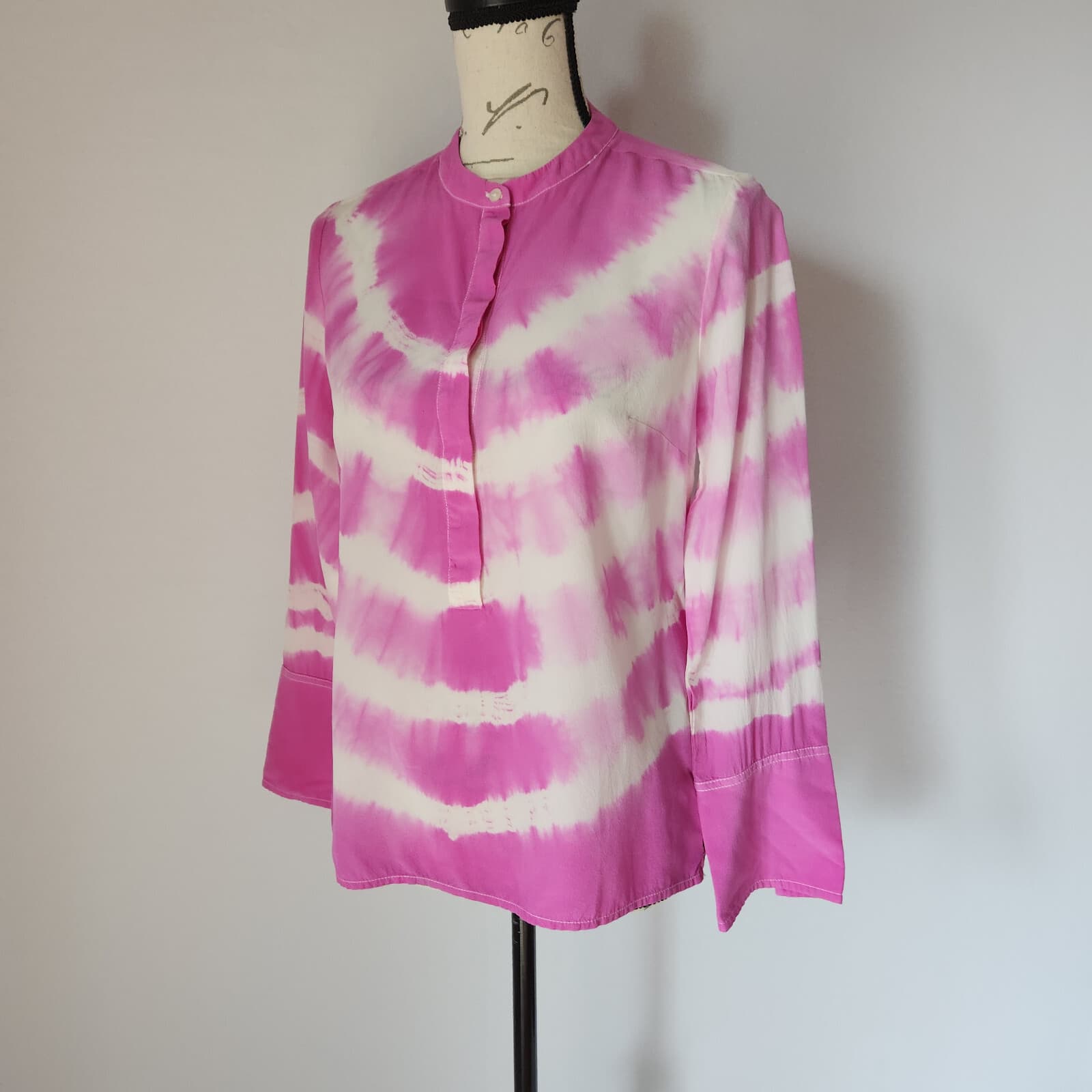J.Crew 100%Silk Tie Dye Tunic Top Popover High Neck Long Sleeve Pink White Sz.XS