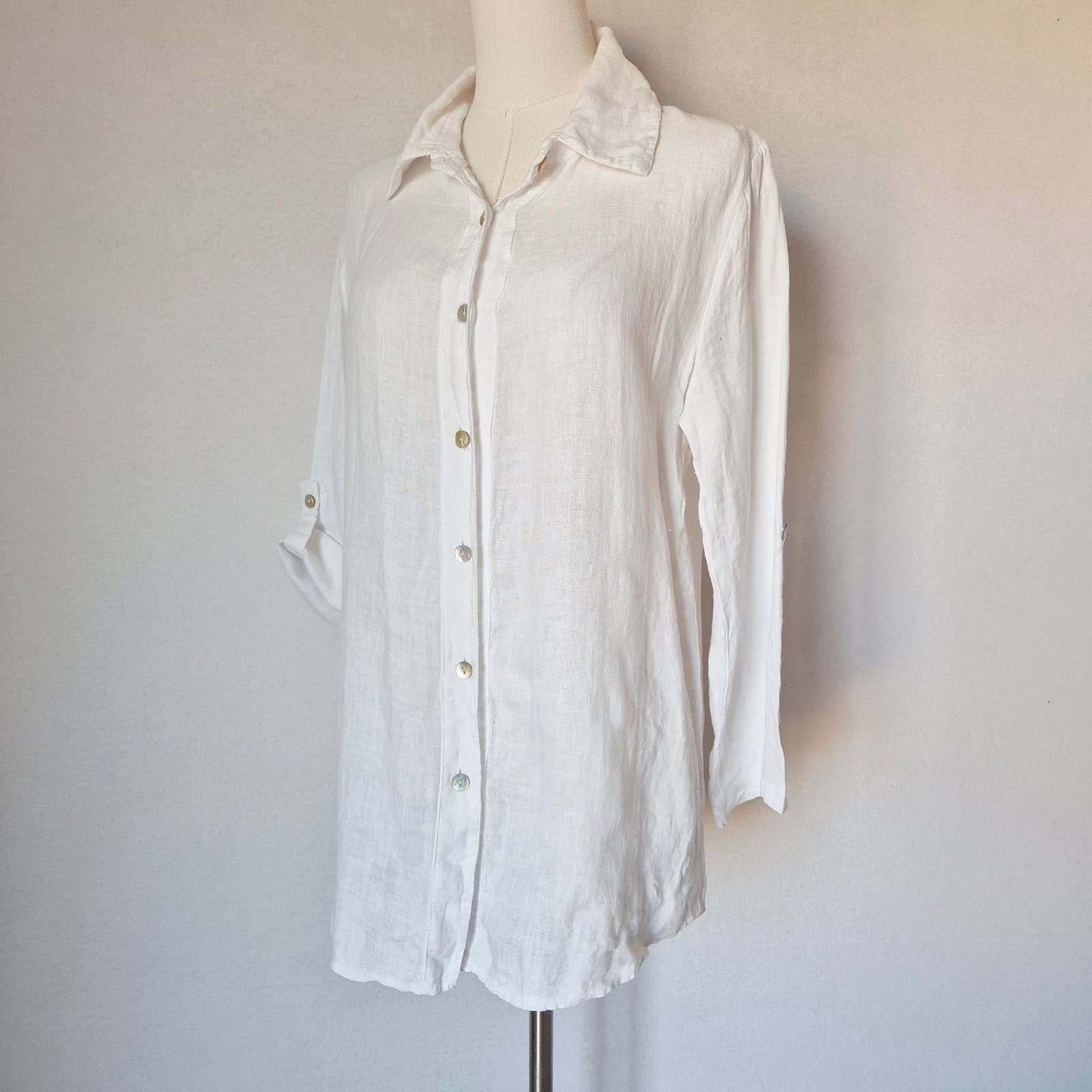 Lungo L'Arno Made in Italy Linen Pearl Button Shirt Roll Tap Sleeve White Sz.L - Thumbnail 2