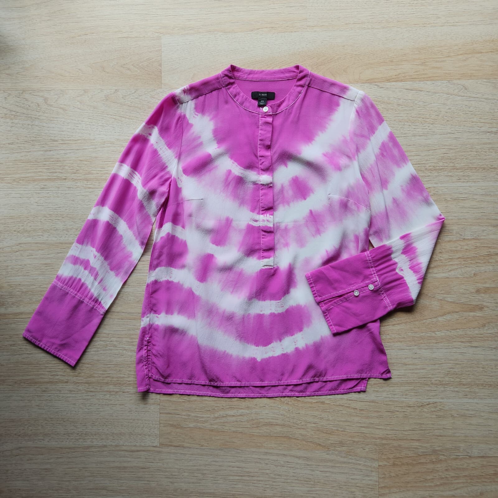 J.Crew 100%Silk Tie Dye Tunic Top Popover High Neck Long Sleeve Pink White Sz.XS - Thumbnail 3