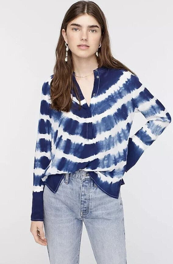J.Crew 100%Silk Tie Dye Tunic Top Popover High Neck Long Sleeve Pink White Sz.XS - Thumbnail 5