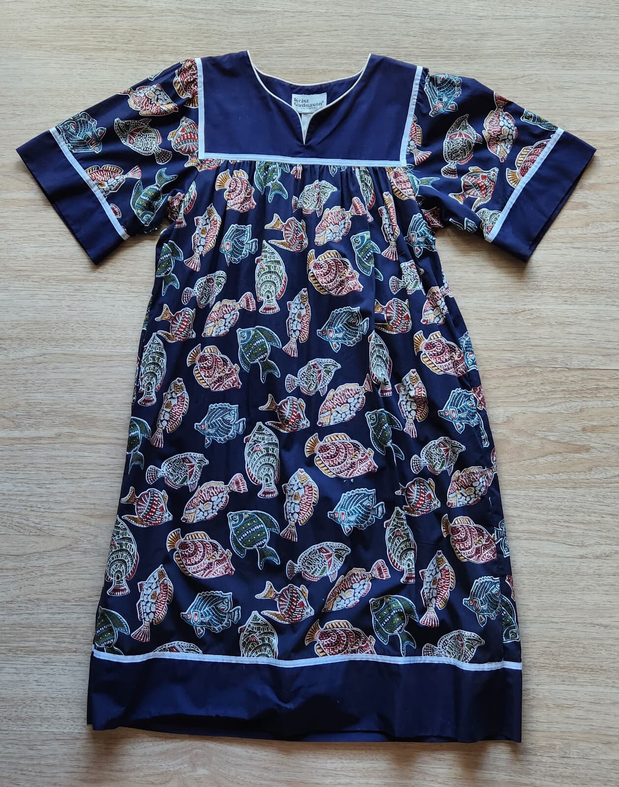 Vintage Krist Gudnason Fish Printed Hawaiian Muumuu House Dress Pocket Bust 46" - Thumbnail 3