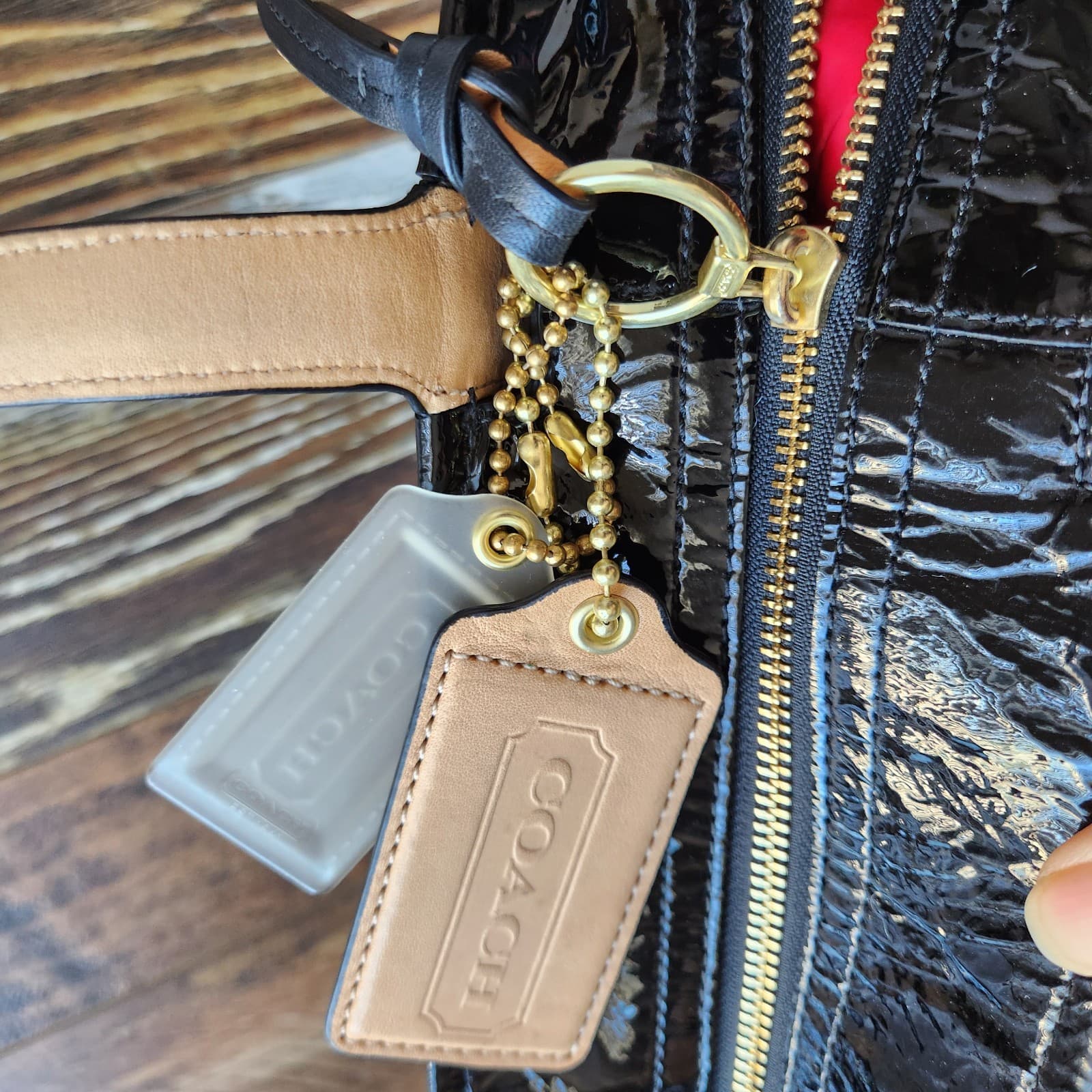 Coach Audrey Op Art Lurex Pique Leigh Logo Slim Large Tote Black Beige #17035 - Thumbnail 11
