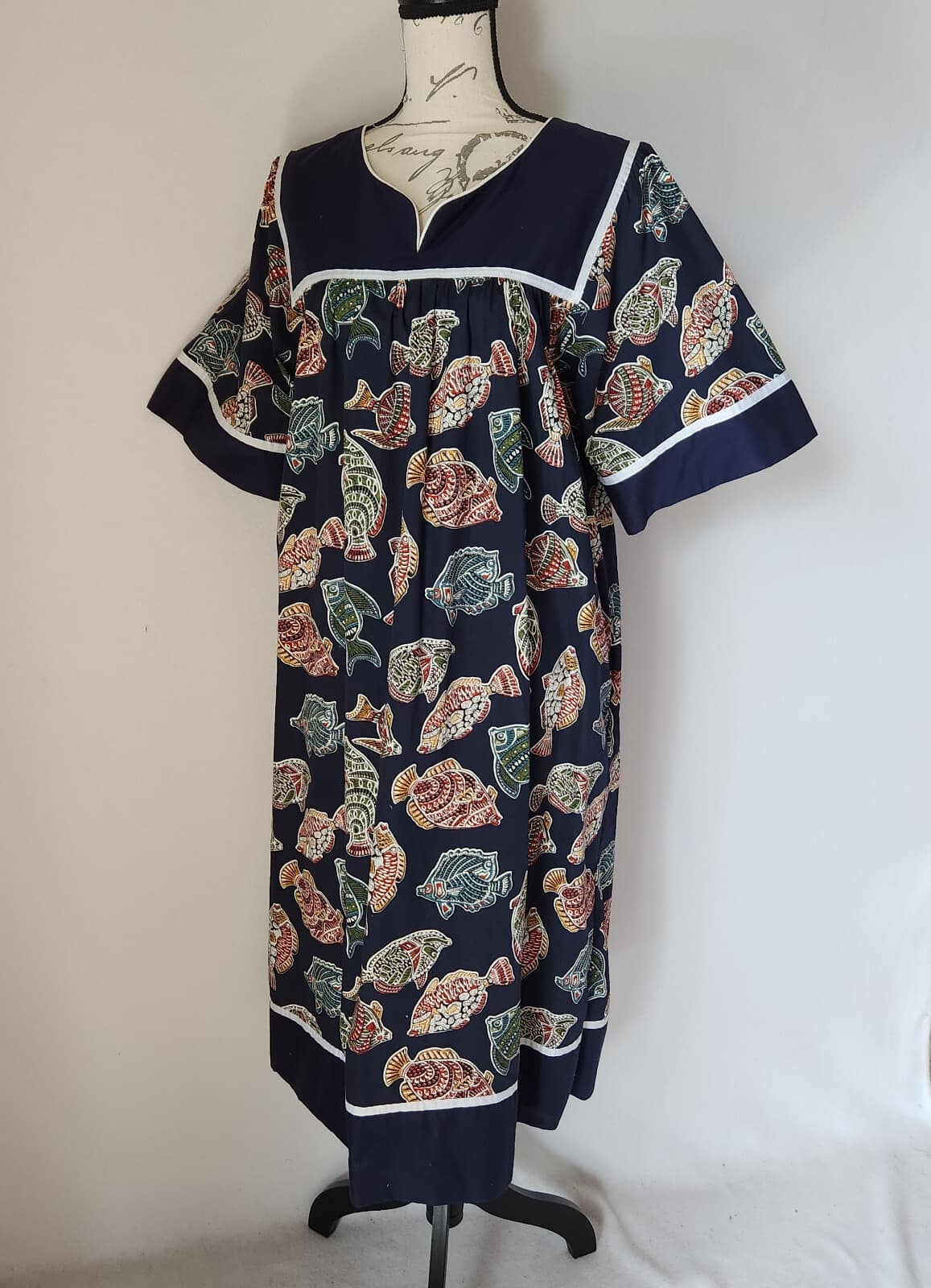 Vintage Krist Gudnason Fish Printed Hawaiian Muumuu House Dress Pocket Bust 46" - Thumbnail 2