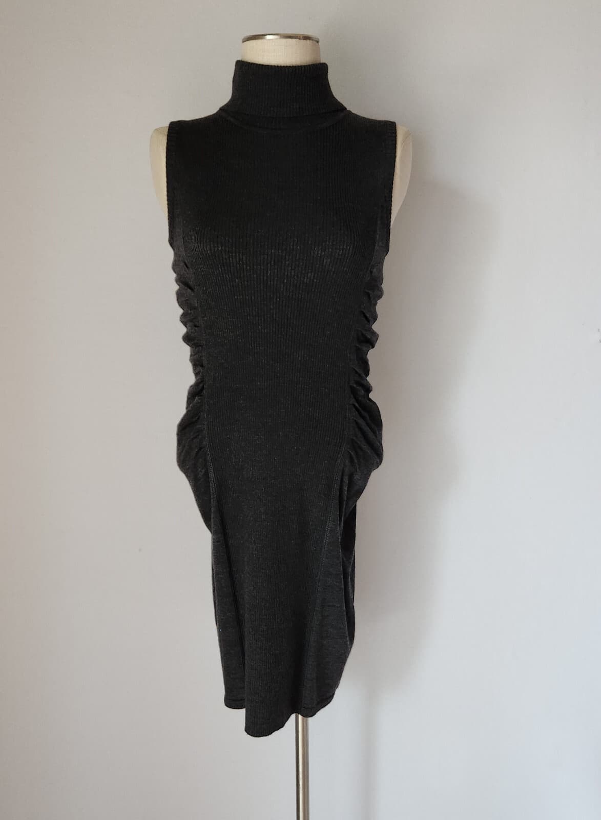 Calvin Klein Wool Blend Ruched Bodycon Dress Sleeveless Turtle Neck Black Sz.M - Thumbnail 3