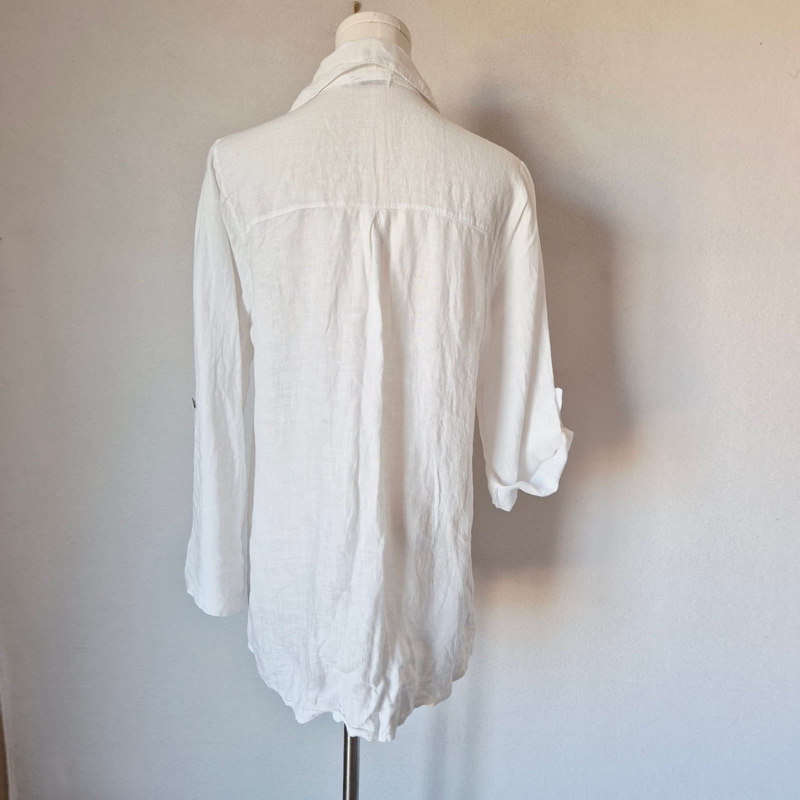 Lungo L'Arno Made in Italy Linen Pearl Button Shirt Roll Tap Sleeve White Sz.L - Thumbnail 5