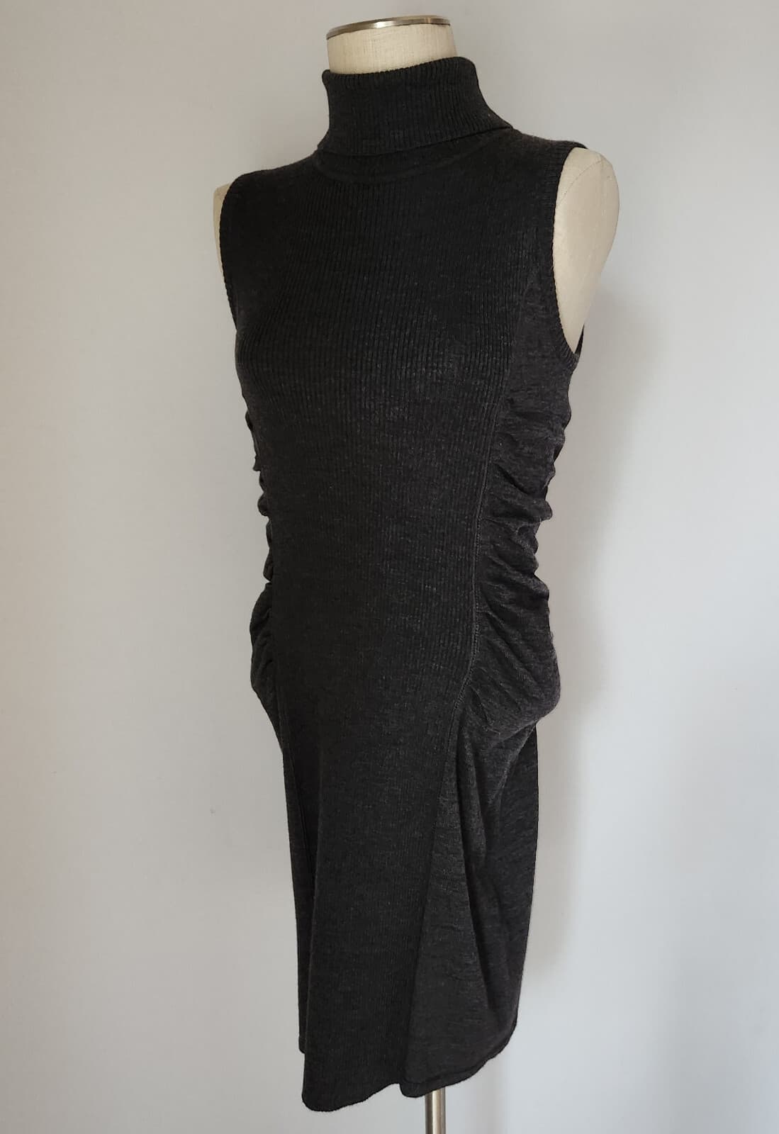 Calvin Klein Wool Blend Ruched Bodycon Dress Sleeveless Turtle Neck Black Sz.M - Thumbnail 4