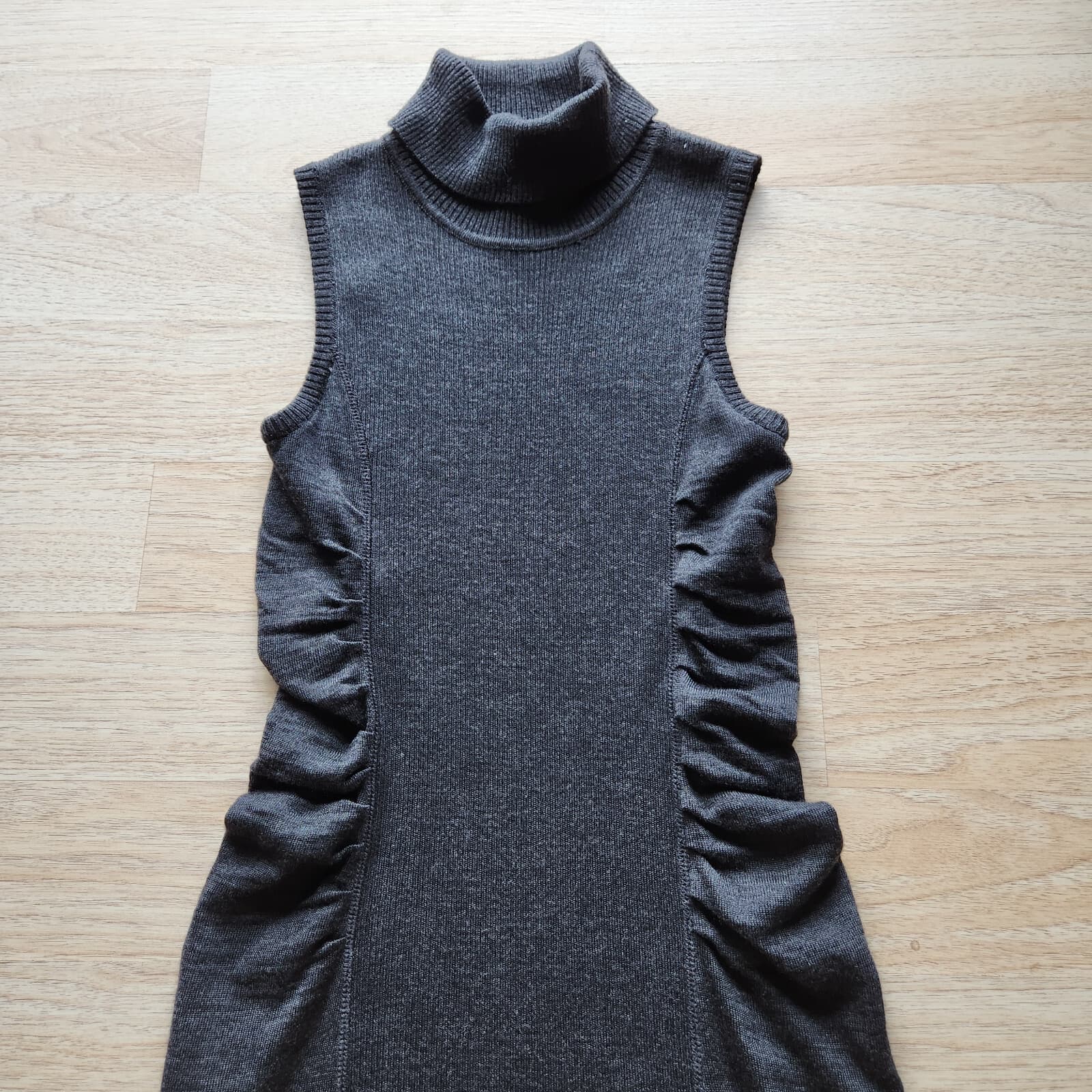 Calvin Klein Wool Blend Ruched Bodycon Dress Sleeveless Turtle Neck Black Sz.M - Thumbnail 2