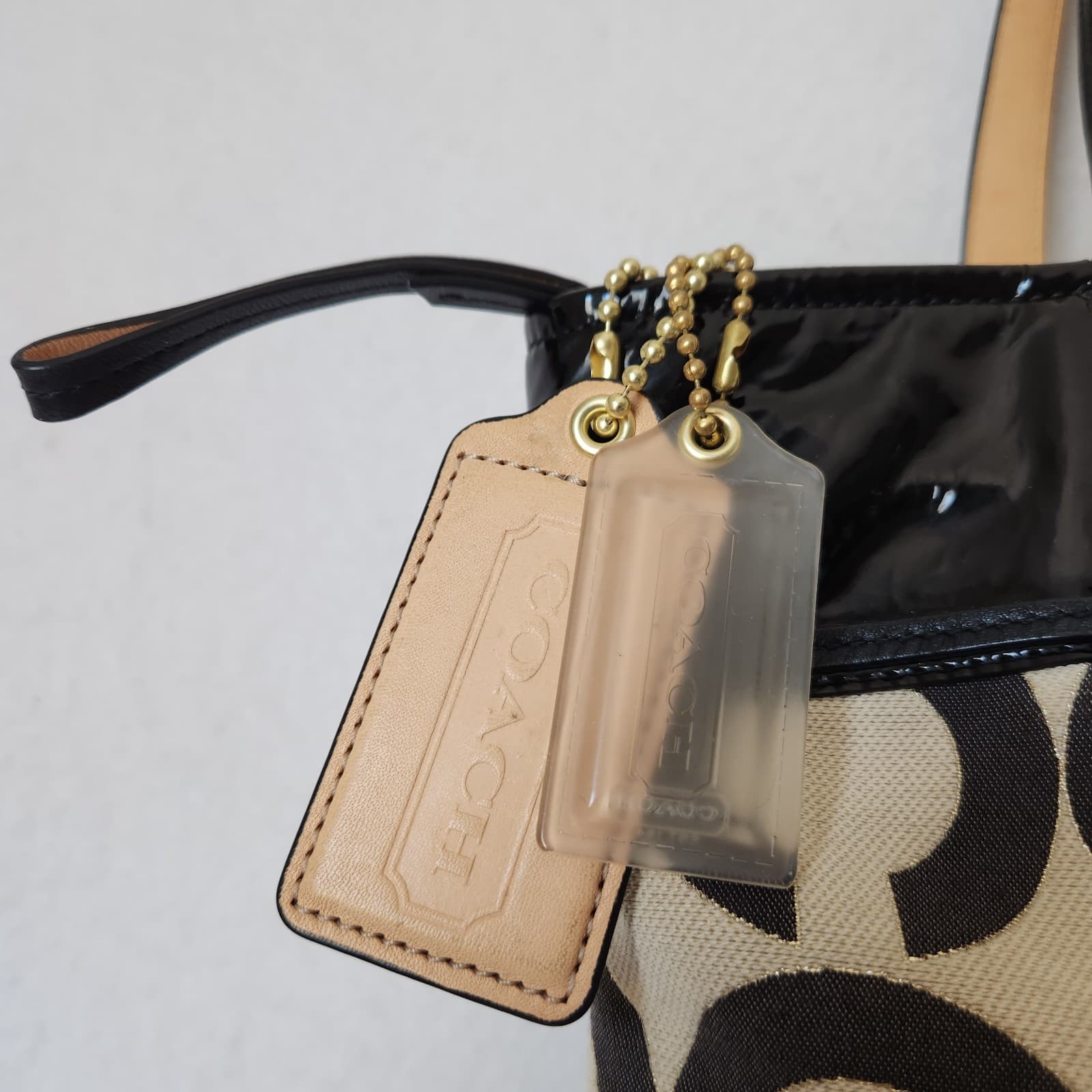Coach Audrey Op Art Lurex Pique Leigh Logo Slim Large Tote Black Beige #17035 - Thumbnail 5