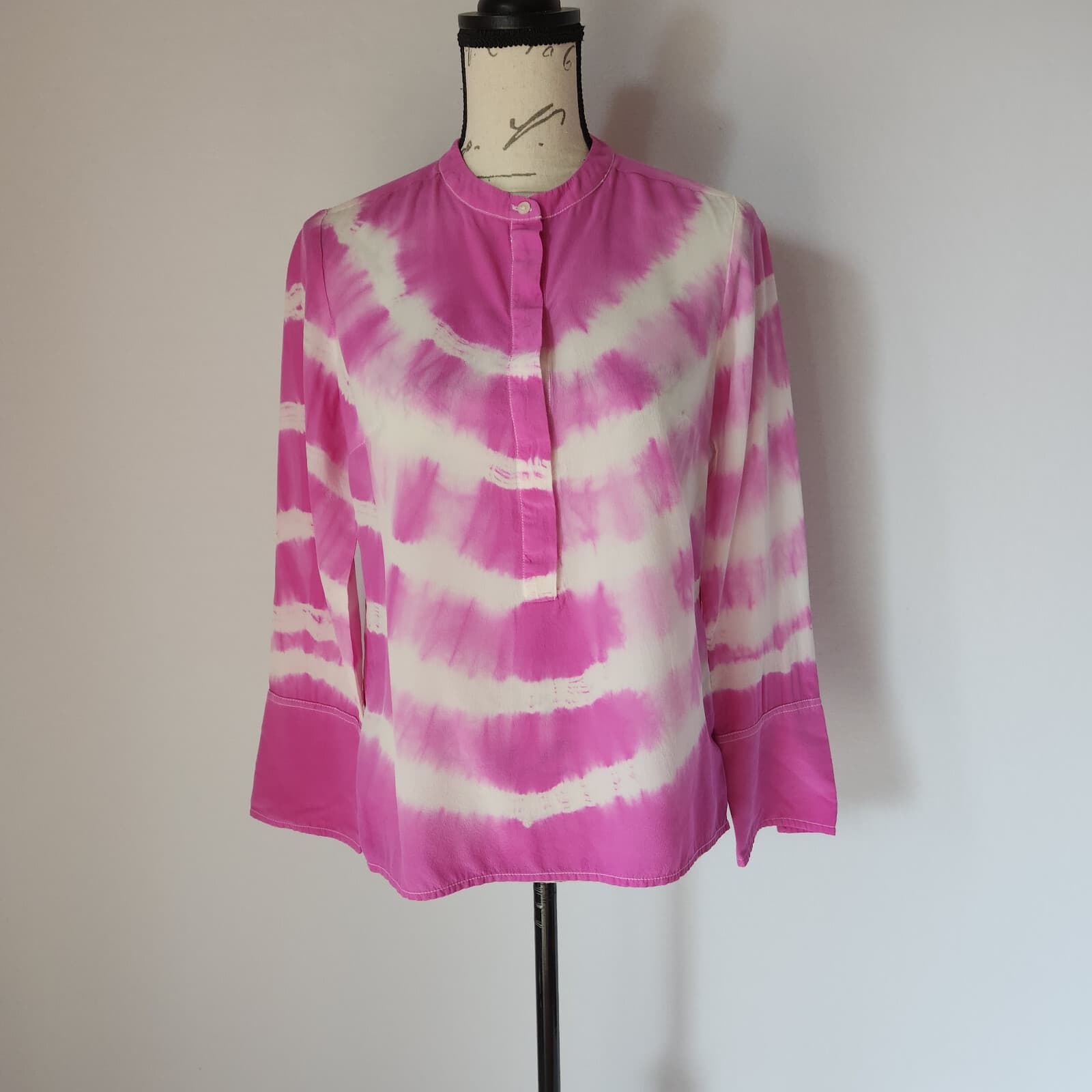 J.Crew 100%Silk Tie Dye Tunic Top Popover High Neck Long Sleeve Pink White Sz.XS - Thumbnail 2