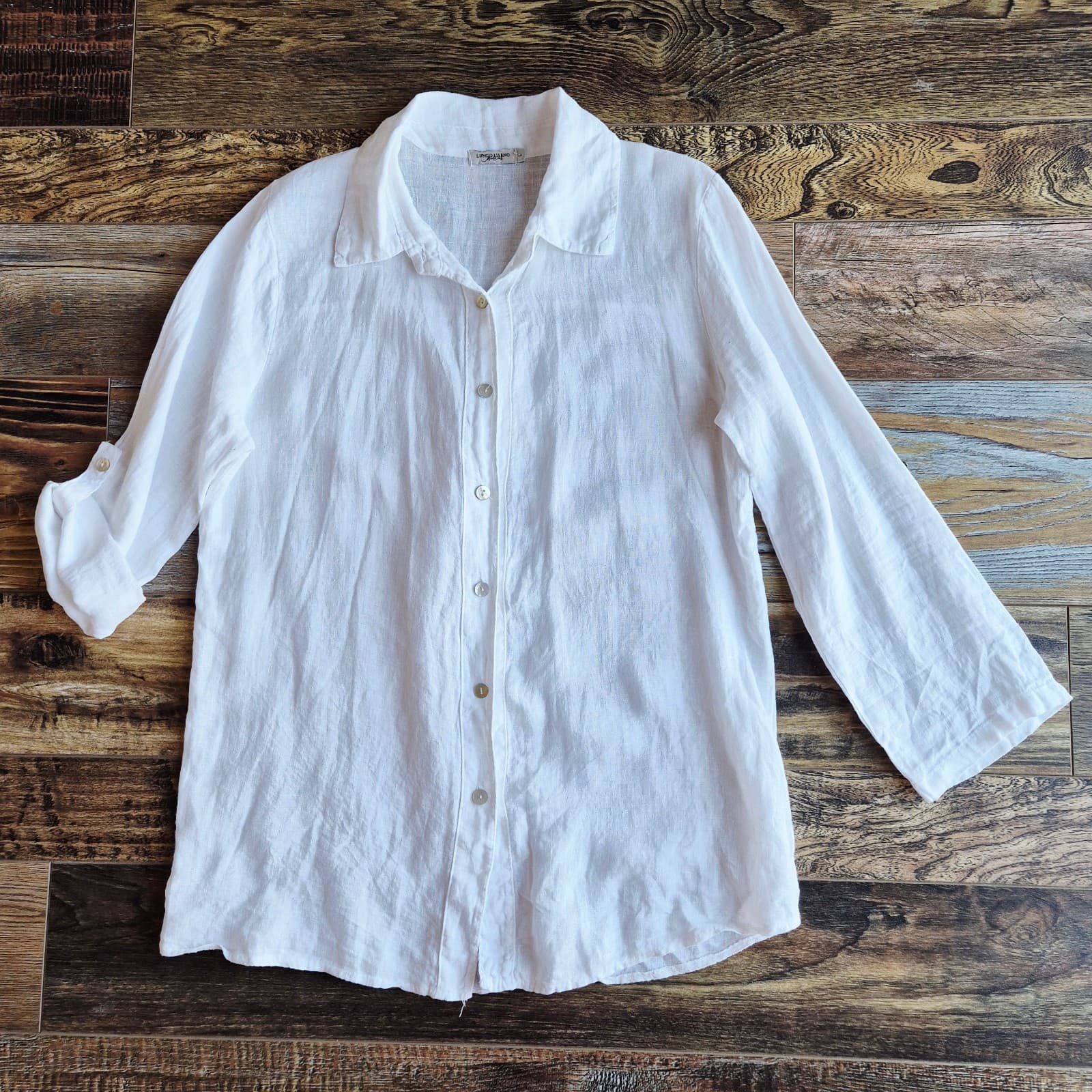 Lungo L'Arno Made in Italy Linen Pearl Button Shirt Roll Tap Sleeve White Sz.L - Thumbnail 4