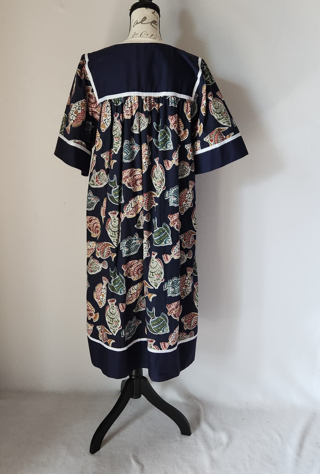 Vintage Krist Gudnason Fish Printed Hawaiian Muumuu House Dress Pocket Bust 46" - Thumbnail 5