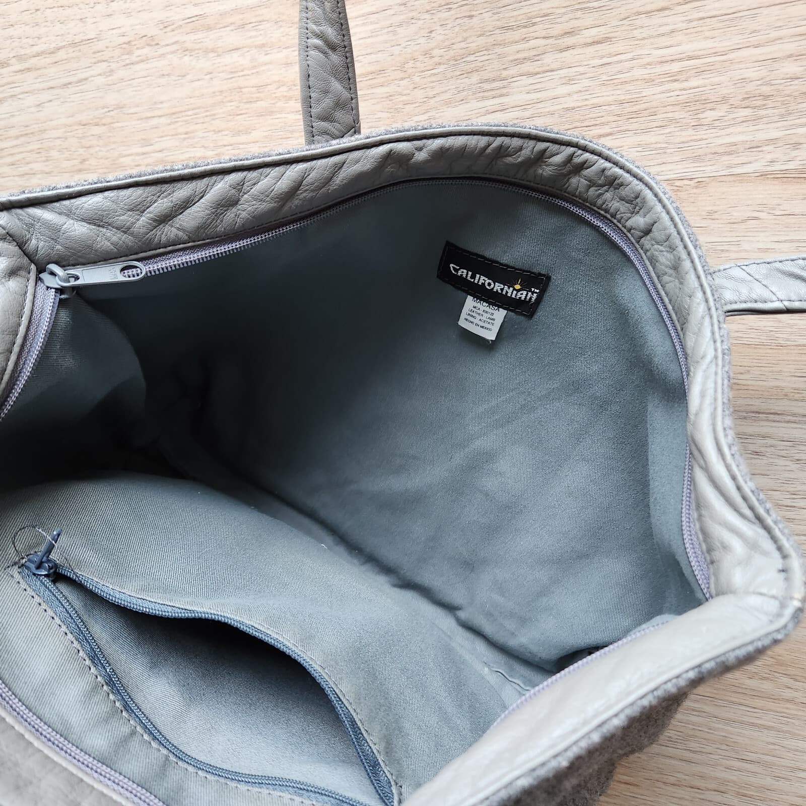 Californian Macasa Felted Lambwool Leather Tote Bag Zip-Closer Grey 16"x11" - Thumbnail 9