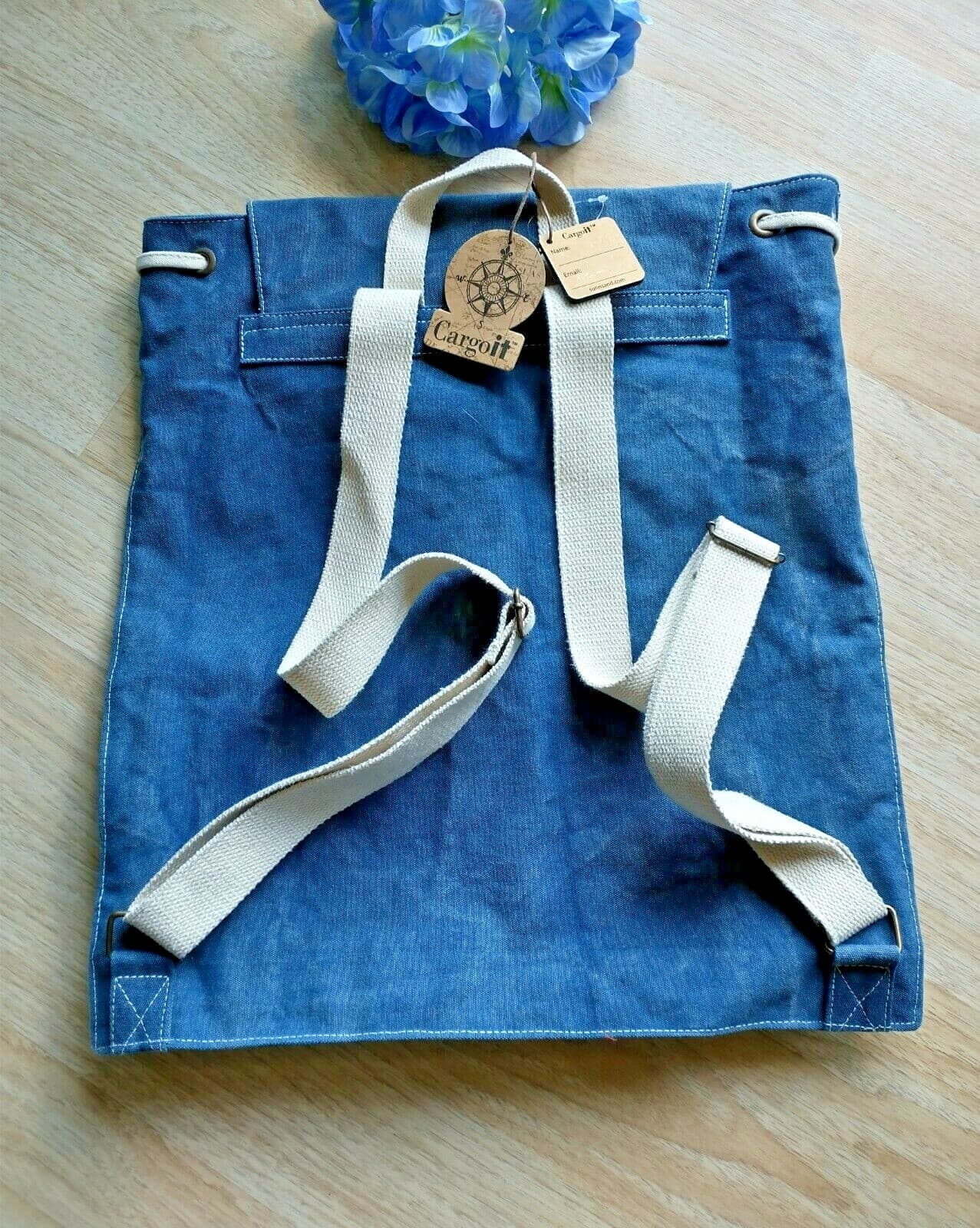 NWT Cargoit Cotton Canvas Backpack Bag Pockets Blue Buckle Snap Size Large - Thumbnail 3