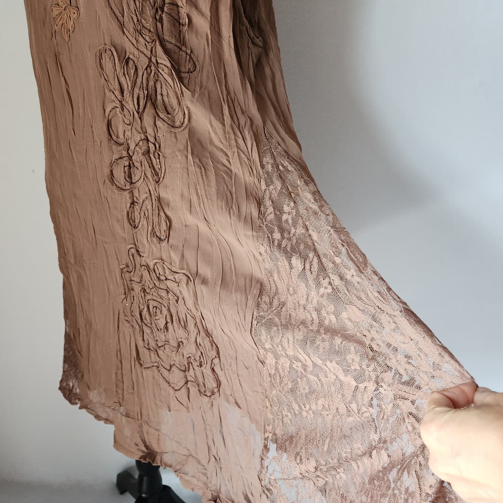 NWT Pretty Angel Silk Blend Embroidered Lace Chiffon Dress Sleeveless Brown Sz.S - Thumbnail 3