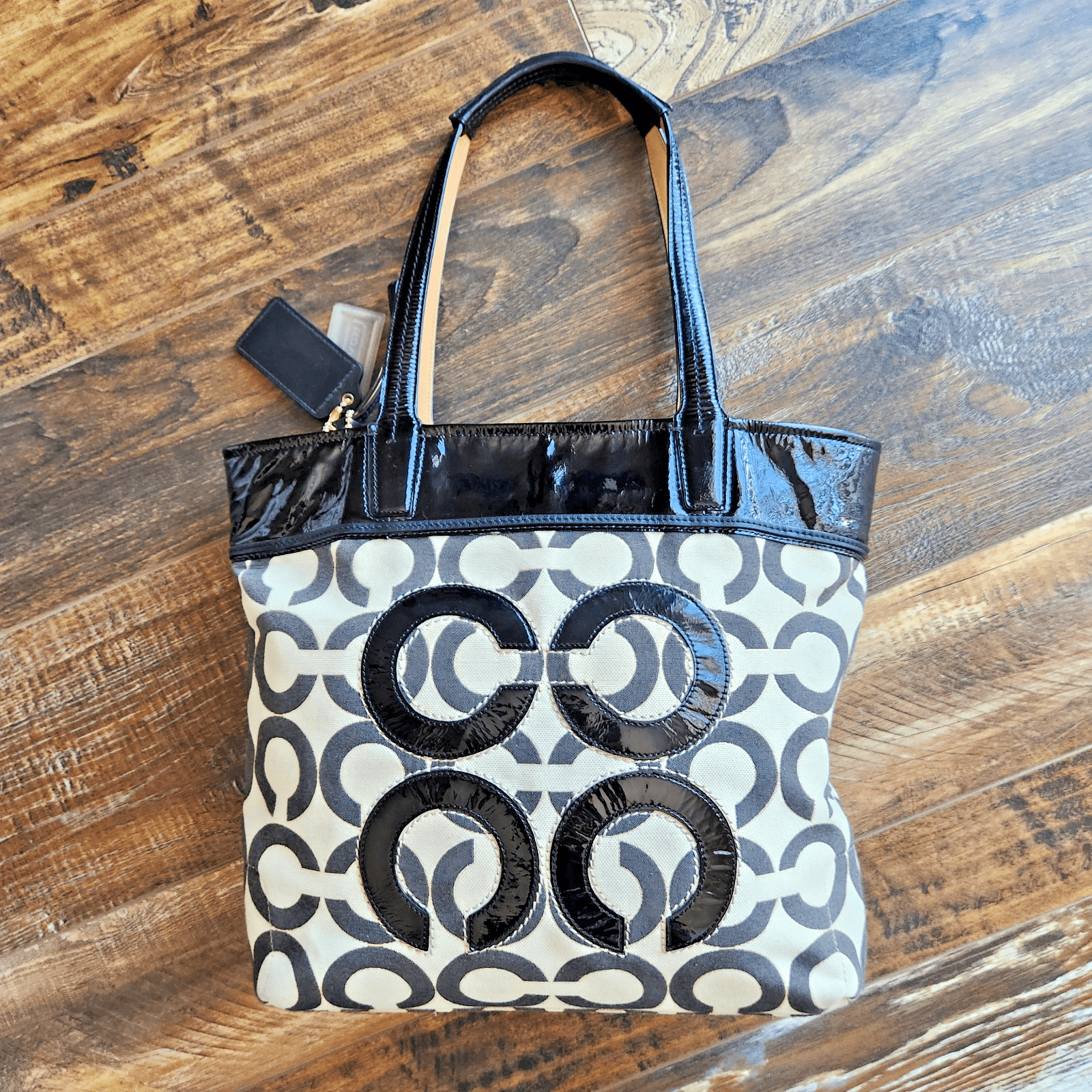 Coach Audrey Op Art Lurex Pique Leigh Logo Slim Large Tote Black Beige #17035