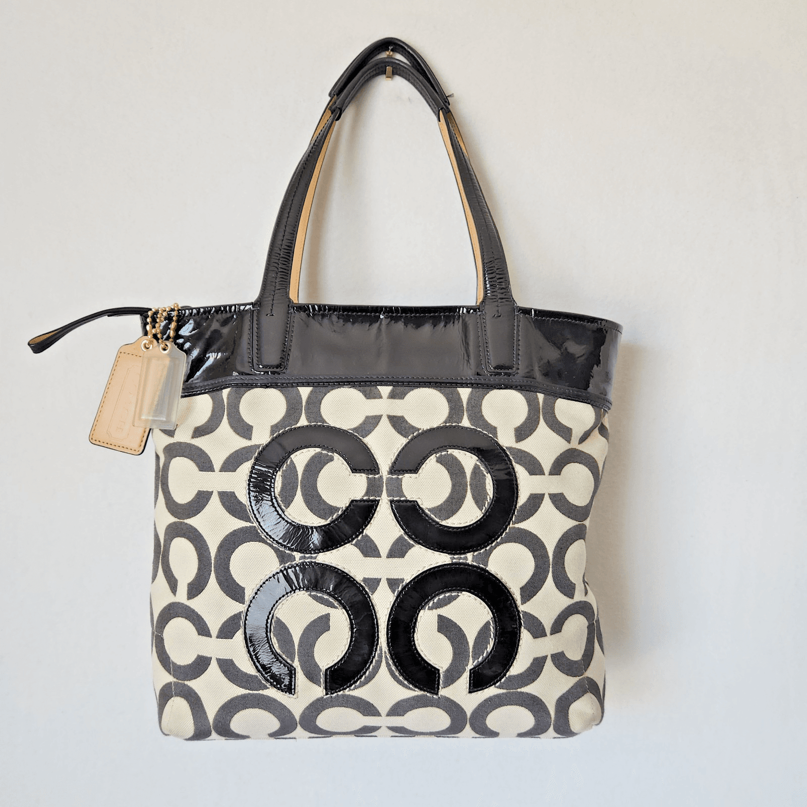 Coach Audrey Op Art Lurex Pique Leigh Logo Slim Large Tote Black Beige #17035 - Thumbnail 2