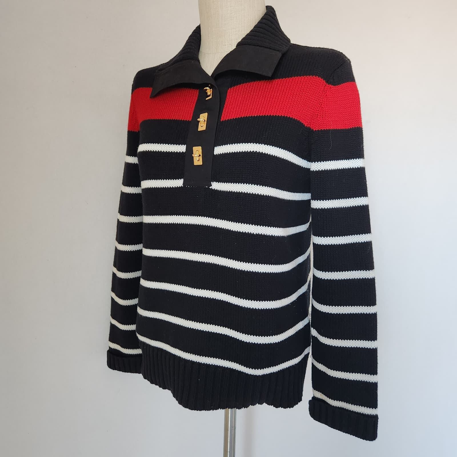 Lauren Ralph Lauren Gold Turn-Lock Pullover Sweater Multicolor Stripe Cotton M - Thumbnail 2